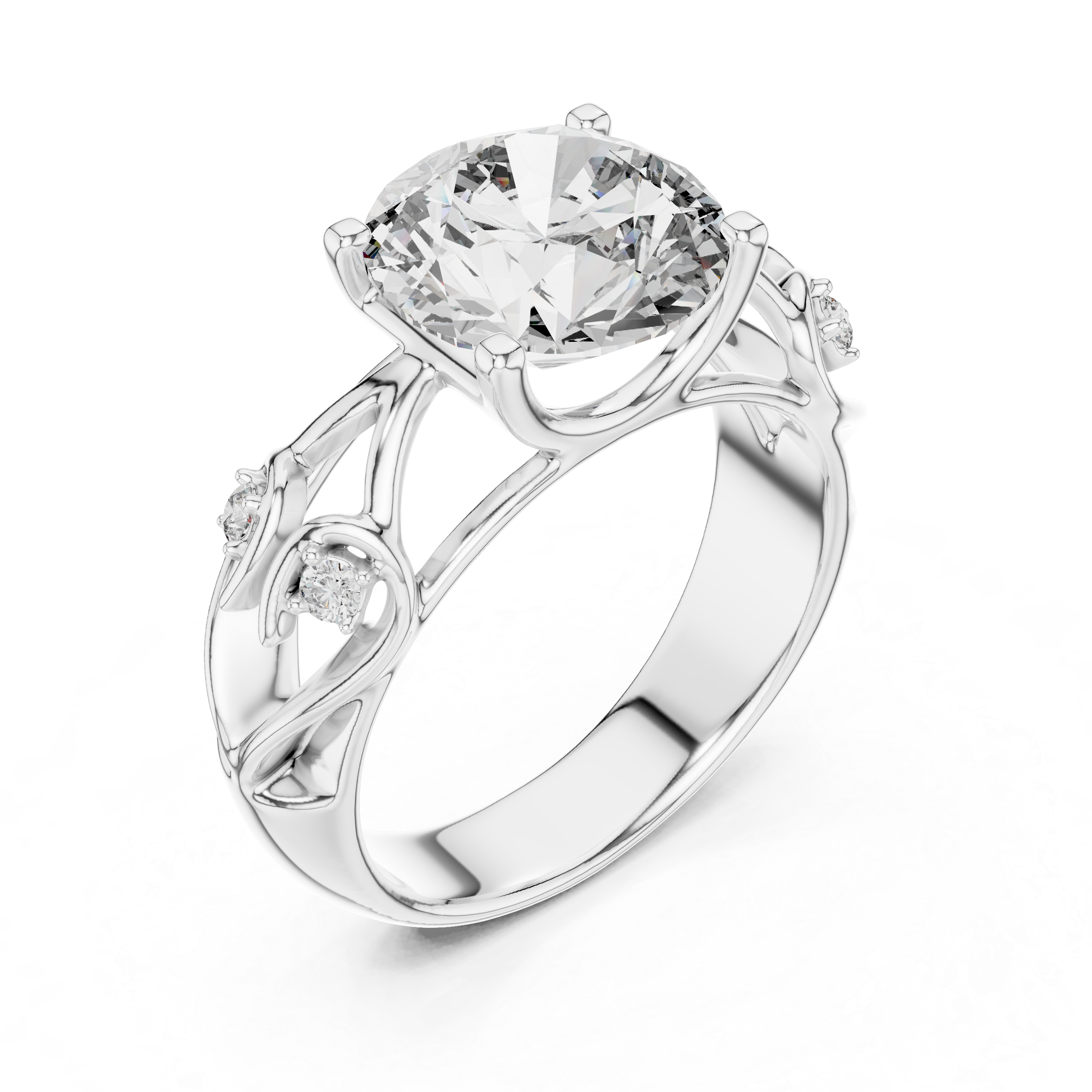 Silver ring with a large central diamond and smaller diamonds on the sides against a white background