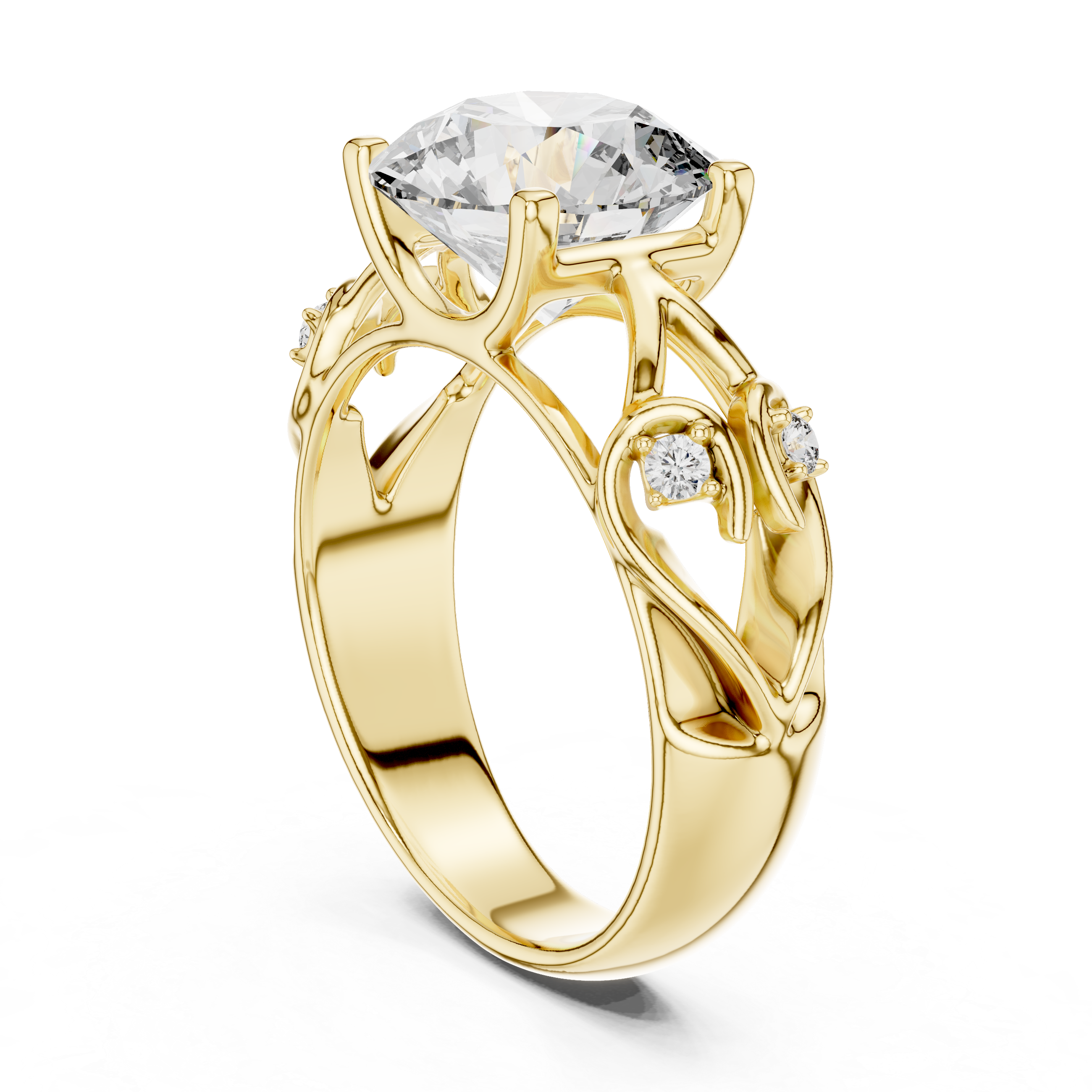 Gold ring with a large central diamond and smaller diamonds on a white background