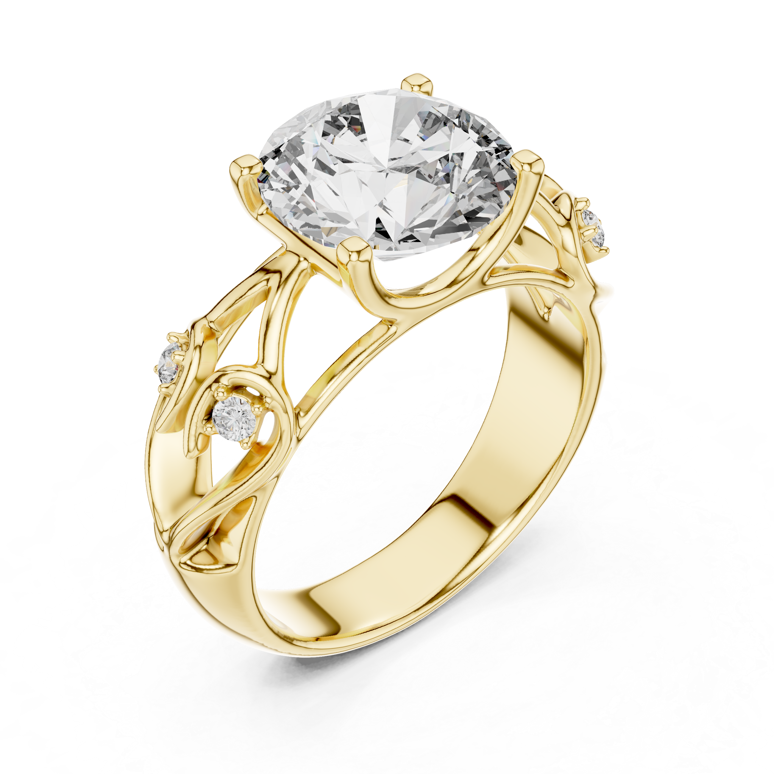 Gold ring with a large central diamond and smaller diamonds on a white background