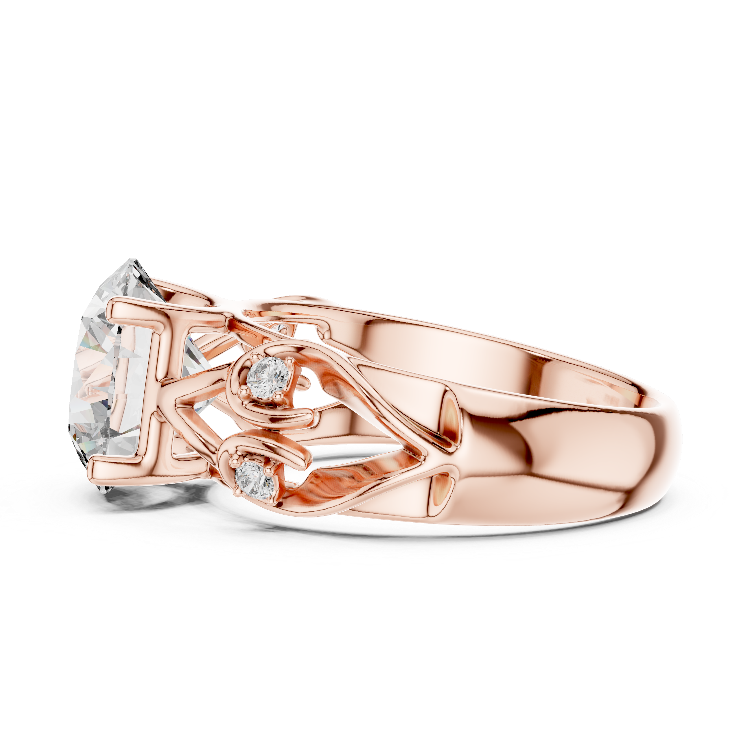 Rose gold ring with a large diamond and smaller diamonds on a white background