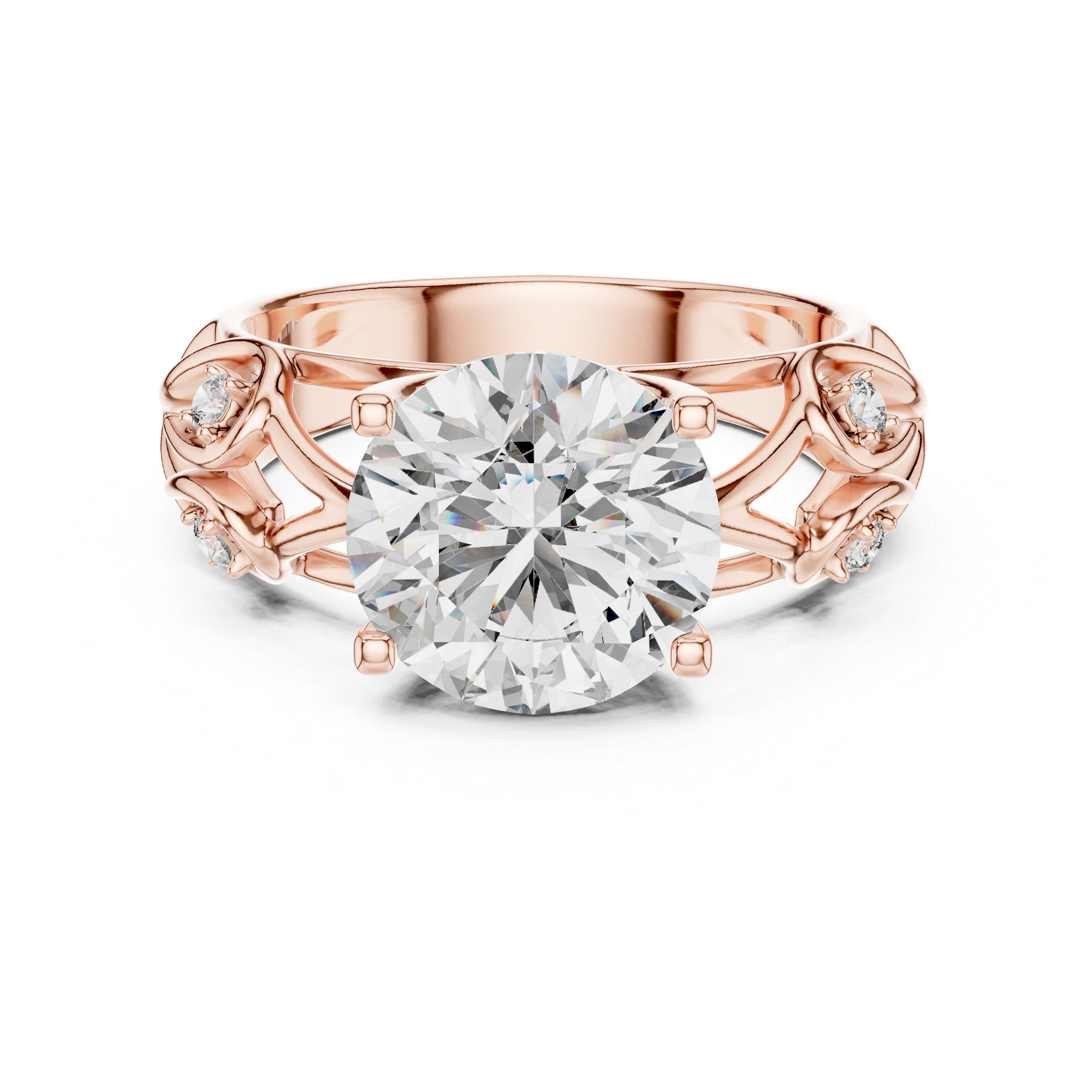 Rose gold ring with a large diamond on a white background
