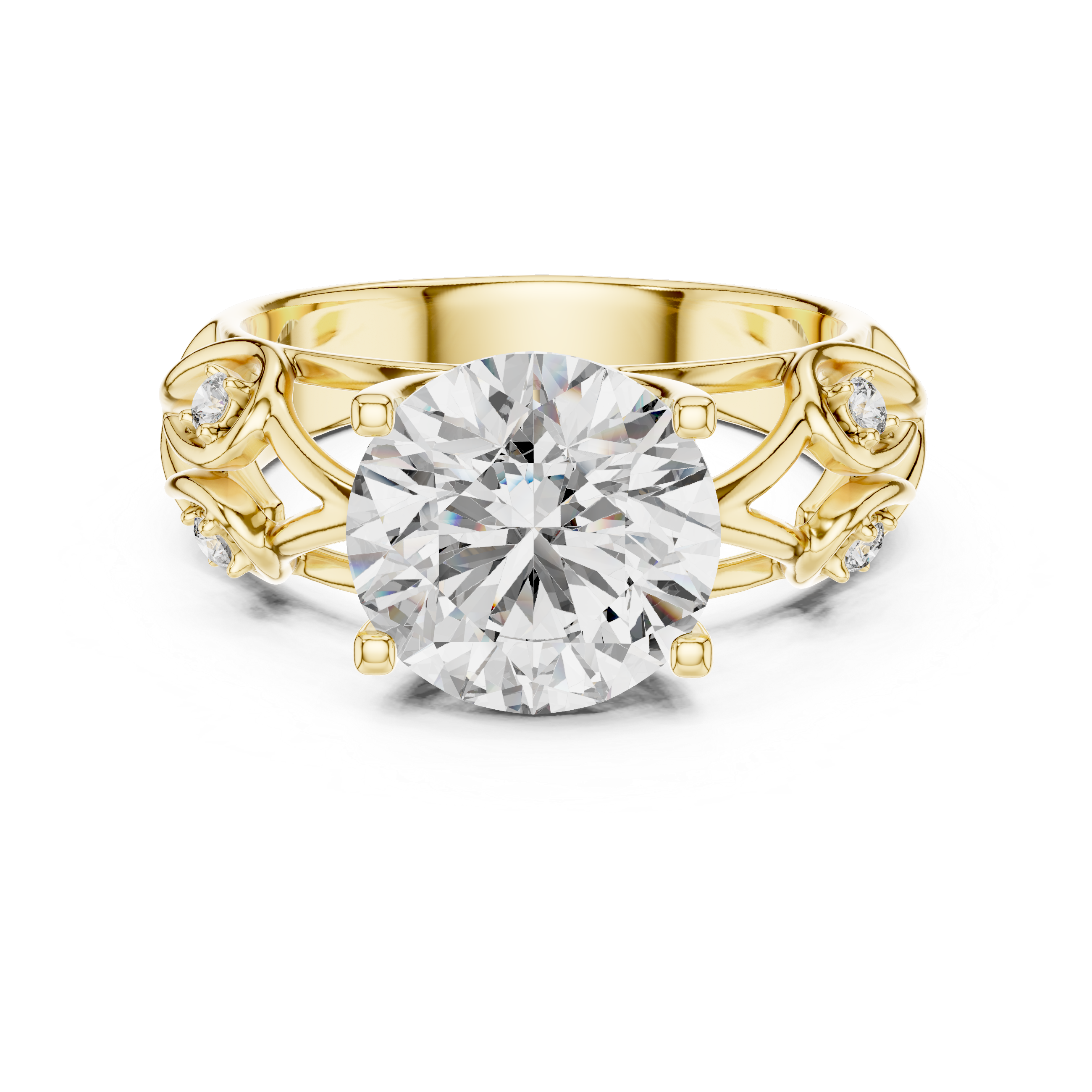 Gold ring with a large diamond on a white background