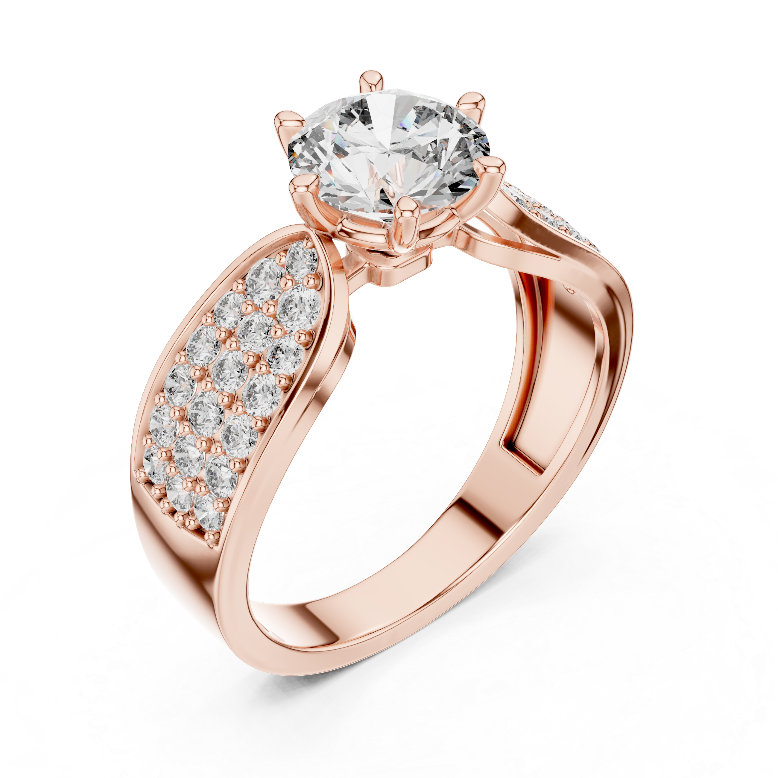 Rose gold ring with a large diamond and smaller diamonds on the band against a white background