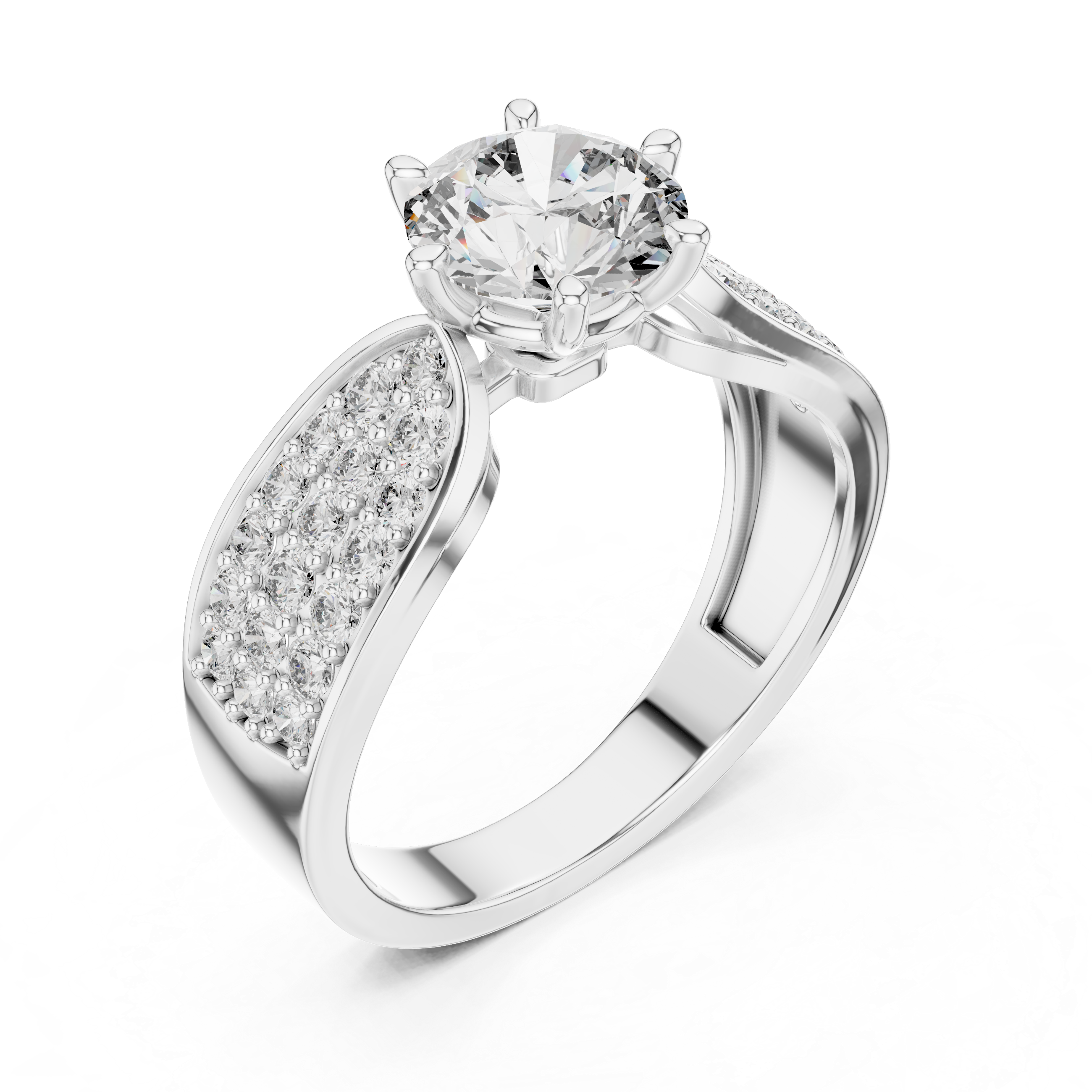 Silver ring with a large diamond and smaller diamonds on the band against a white background