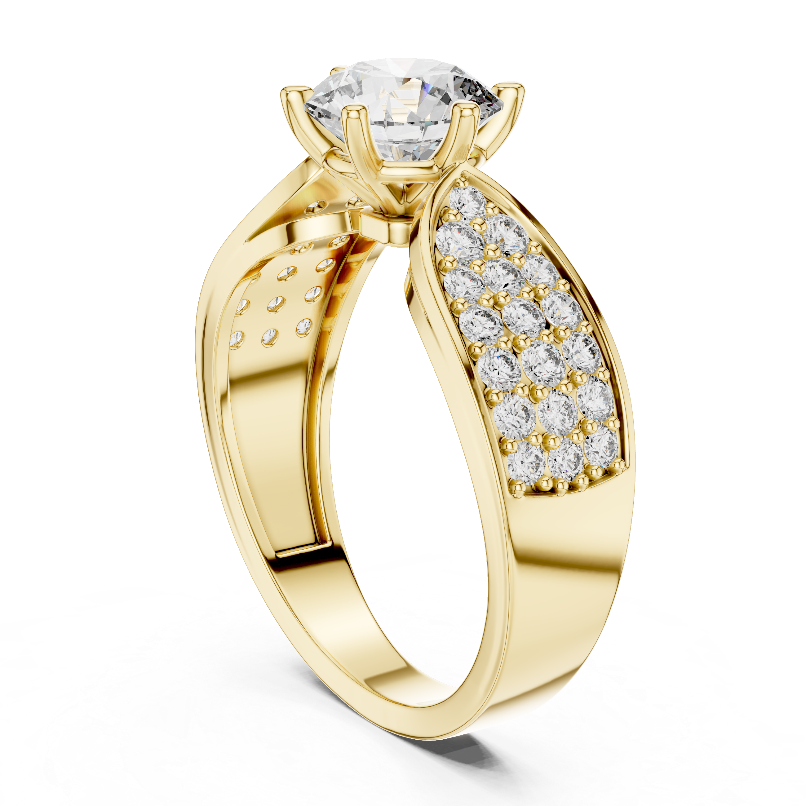 Gold ring with a large diamond and smaller diamonds on the band against a white background