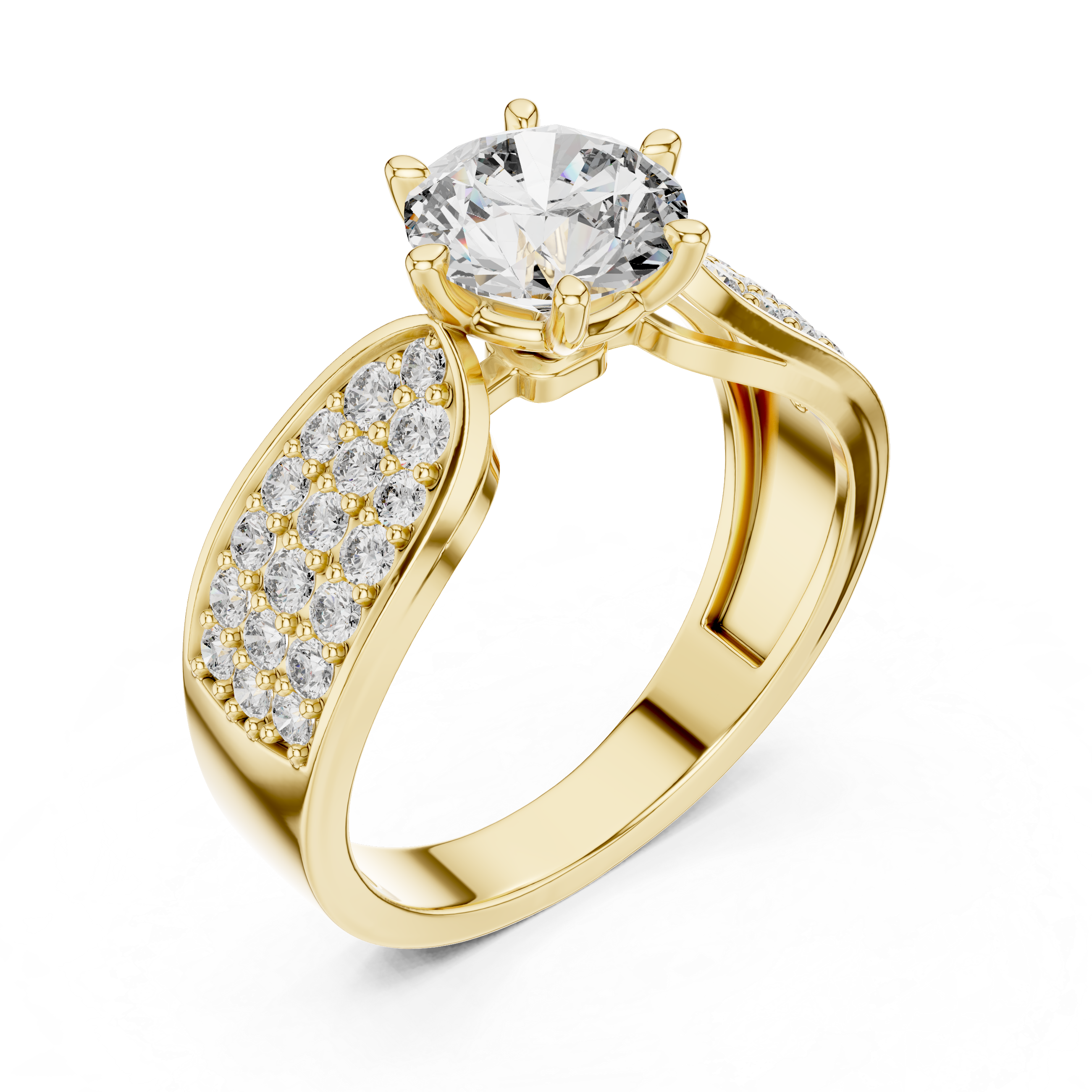 Gold ring with a large diamond and smaller diamonds on the band against a white background