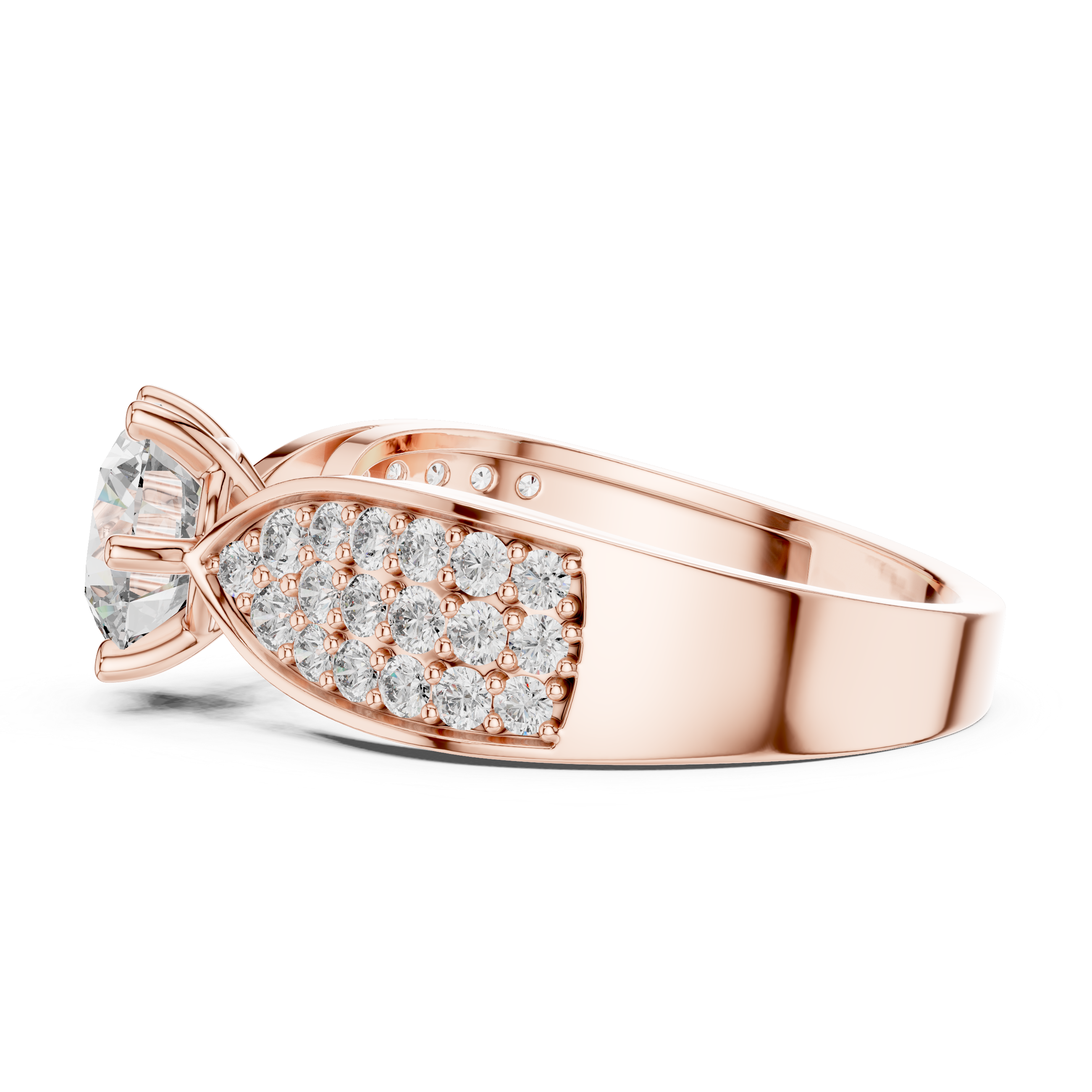 Rose gold ring with diamond accents on a white background