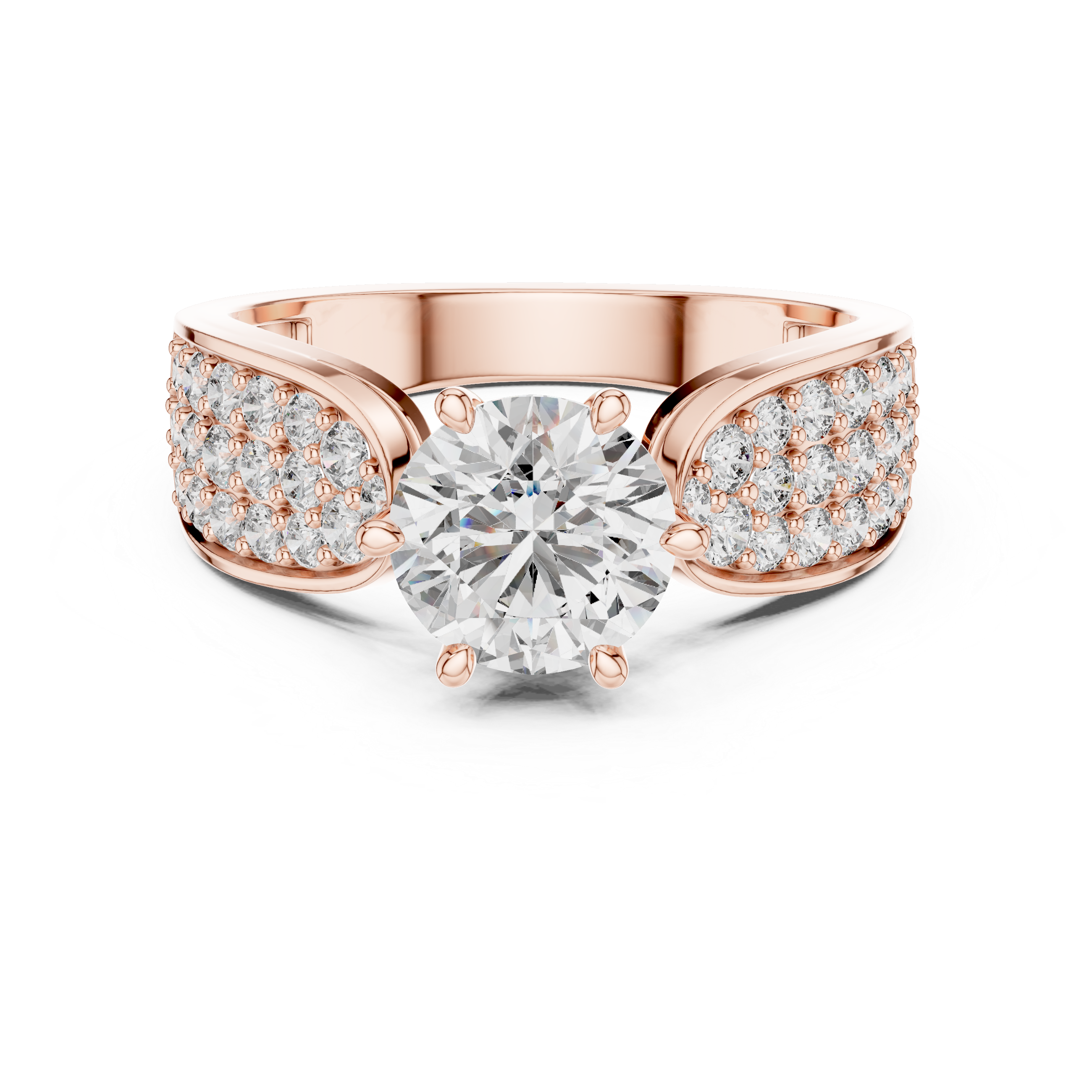 Rose gold ring with a large diamond and smaller diamonds on the sides against a white background