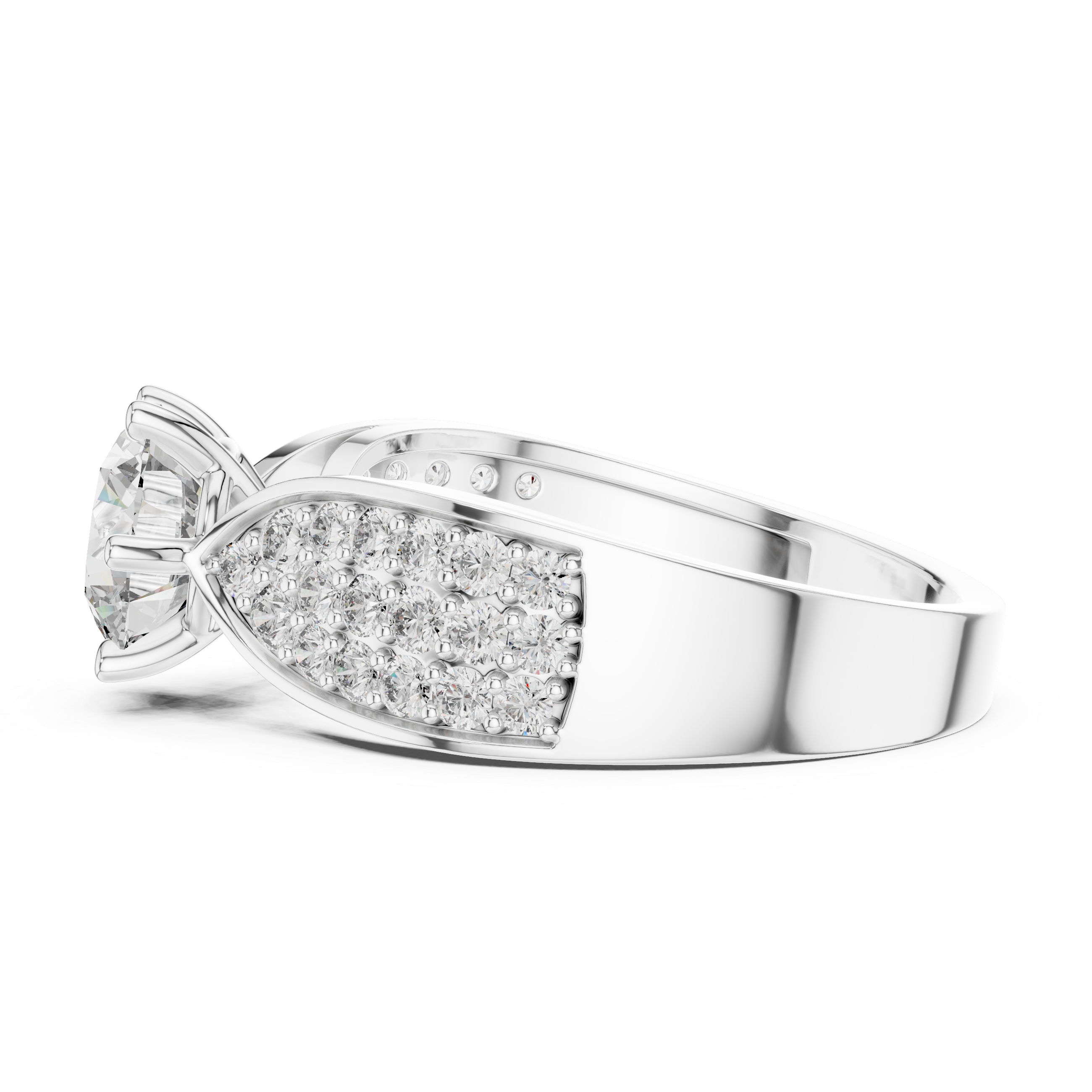 Silver ring with diamond accents on a white background