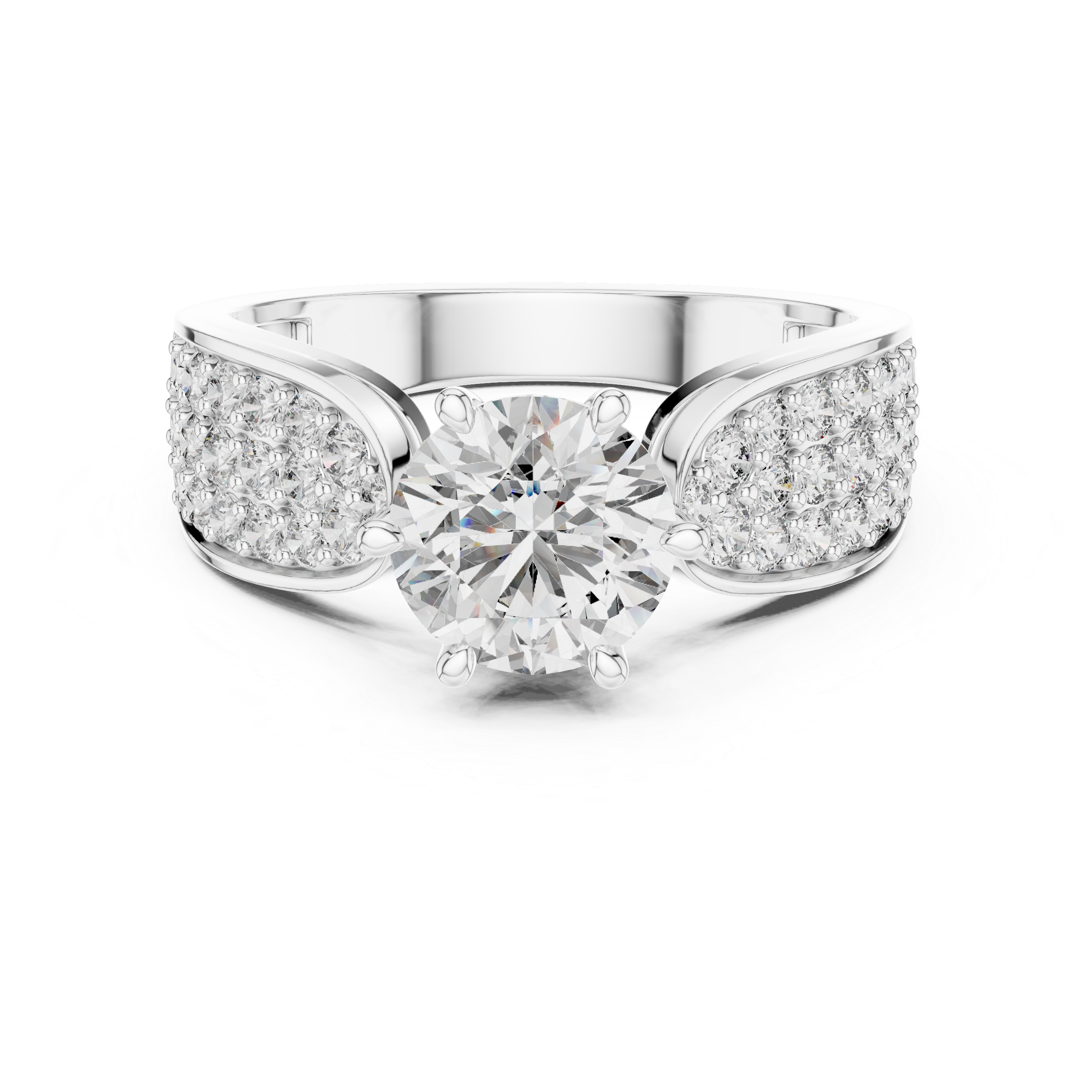 Diamond ring with a central gemstone and smaller diamonds on the sides against a white background