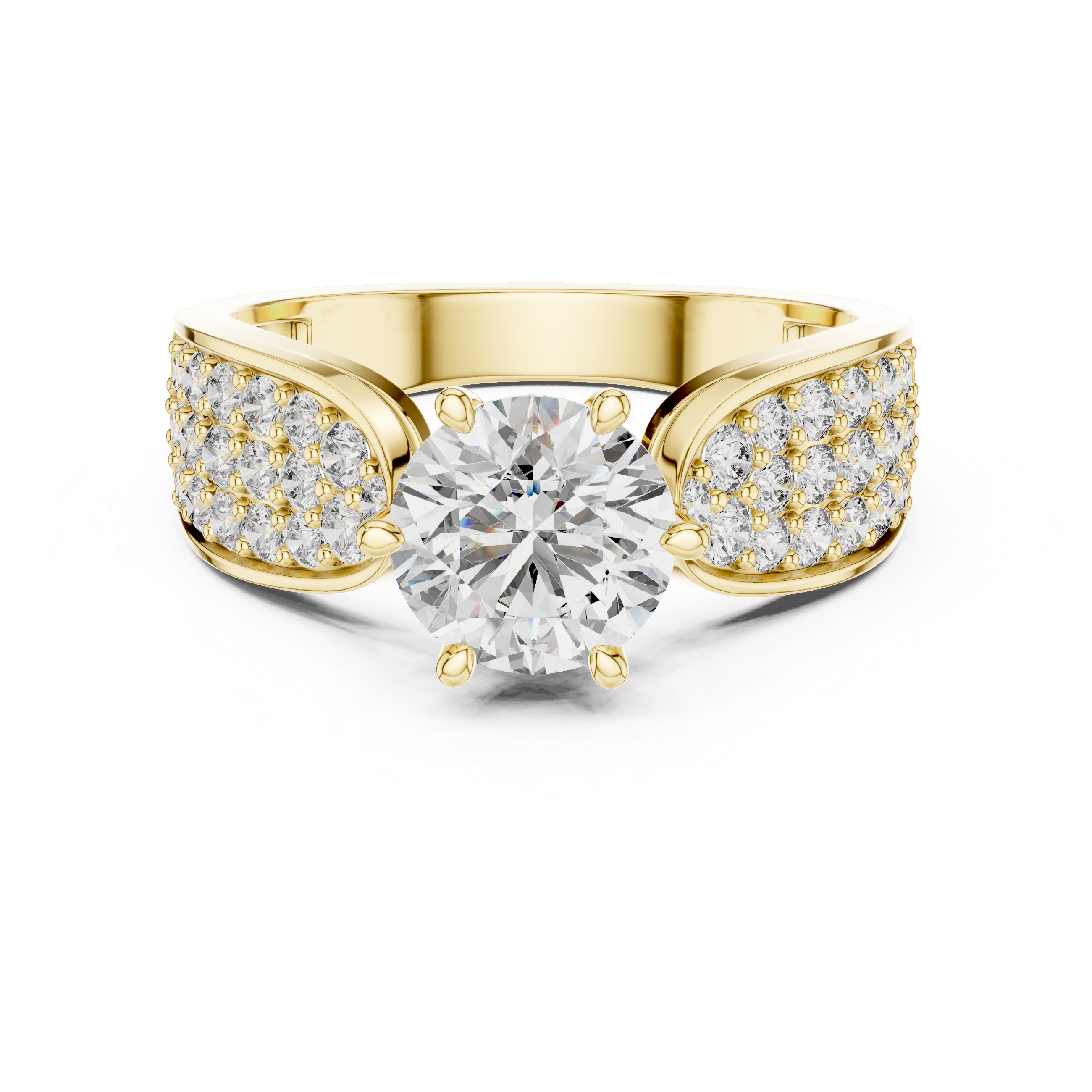 Gold ring with a large diamond and smaller diamonds on the sides against a white background