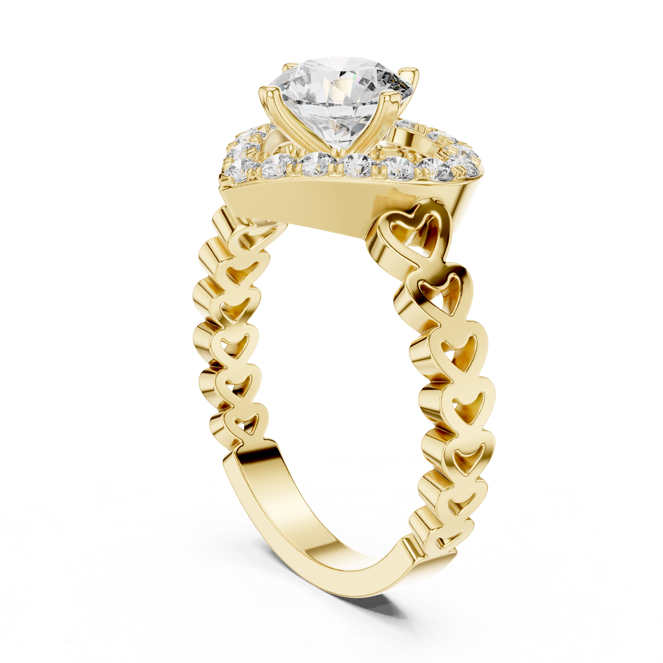 Gold ring with diamond accents on a white background
