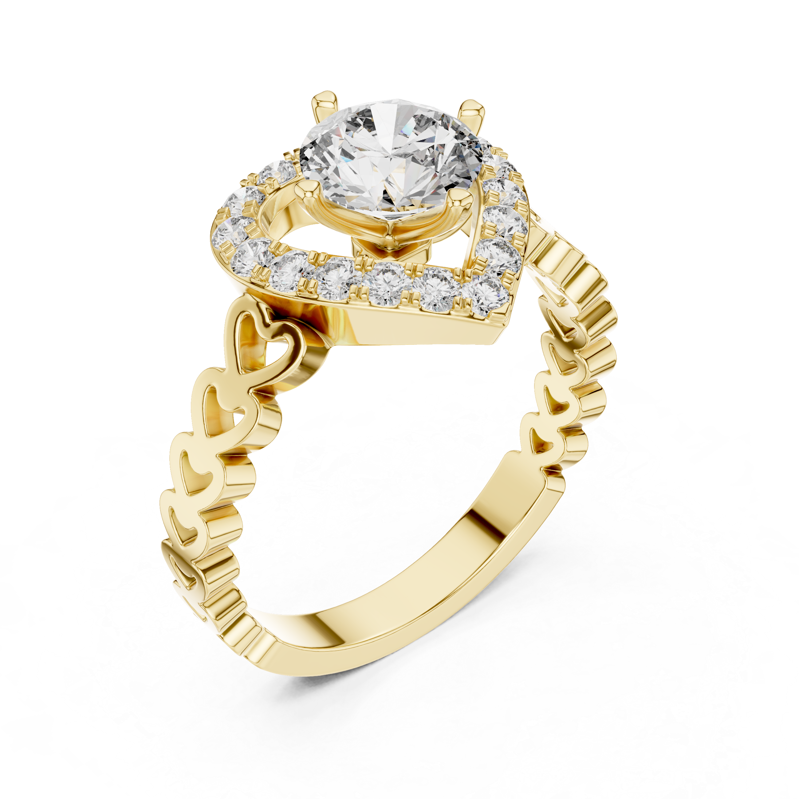 Gold ring with a large diamond and smaller diamonds on a white background