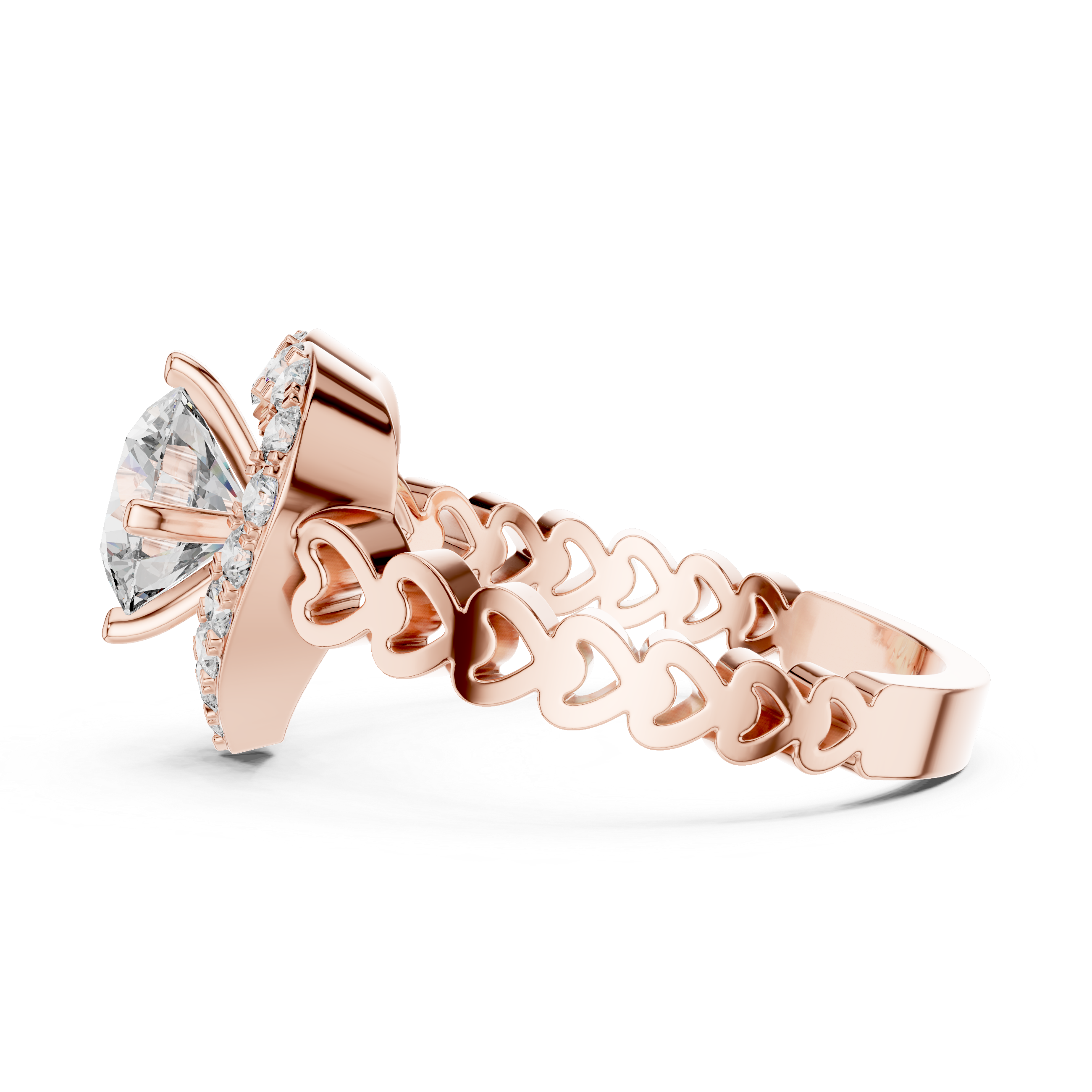 Rose gold ring with heart design and clear gemstone on a white background