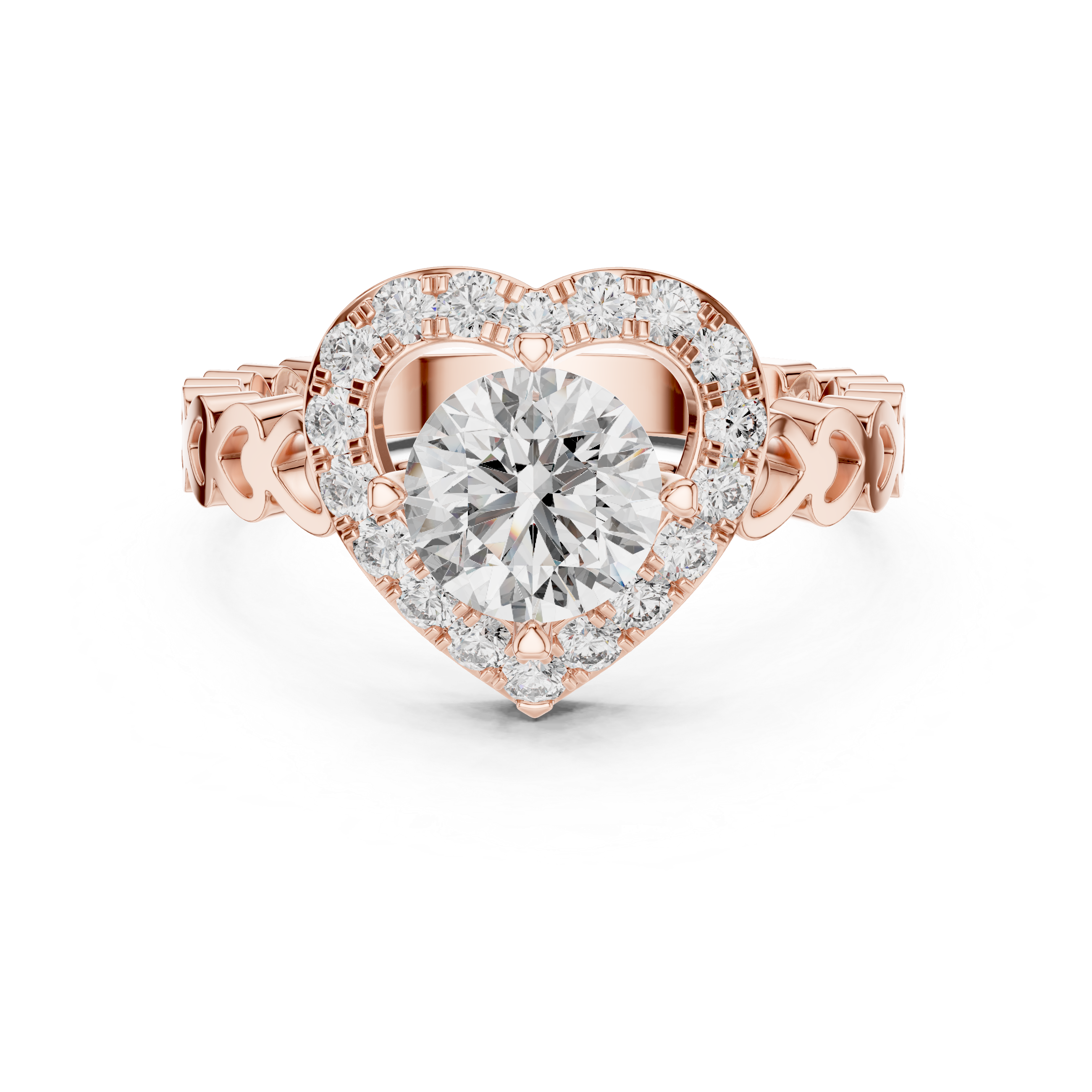 Heart-shaped diamond ring with rose gold setting on a white background
