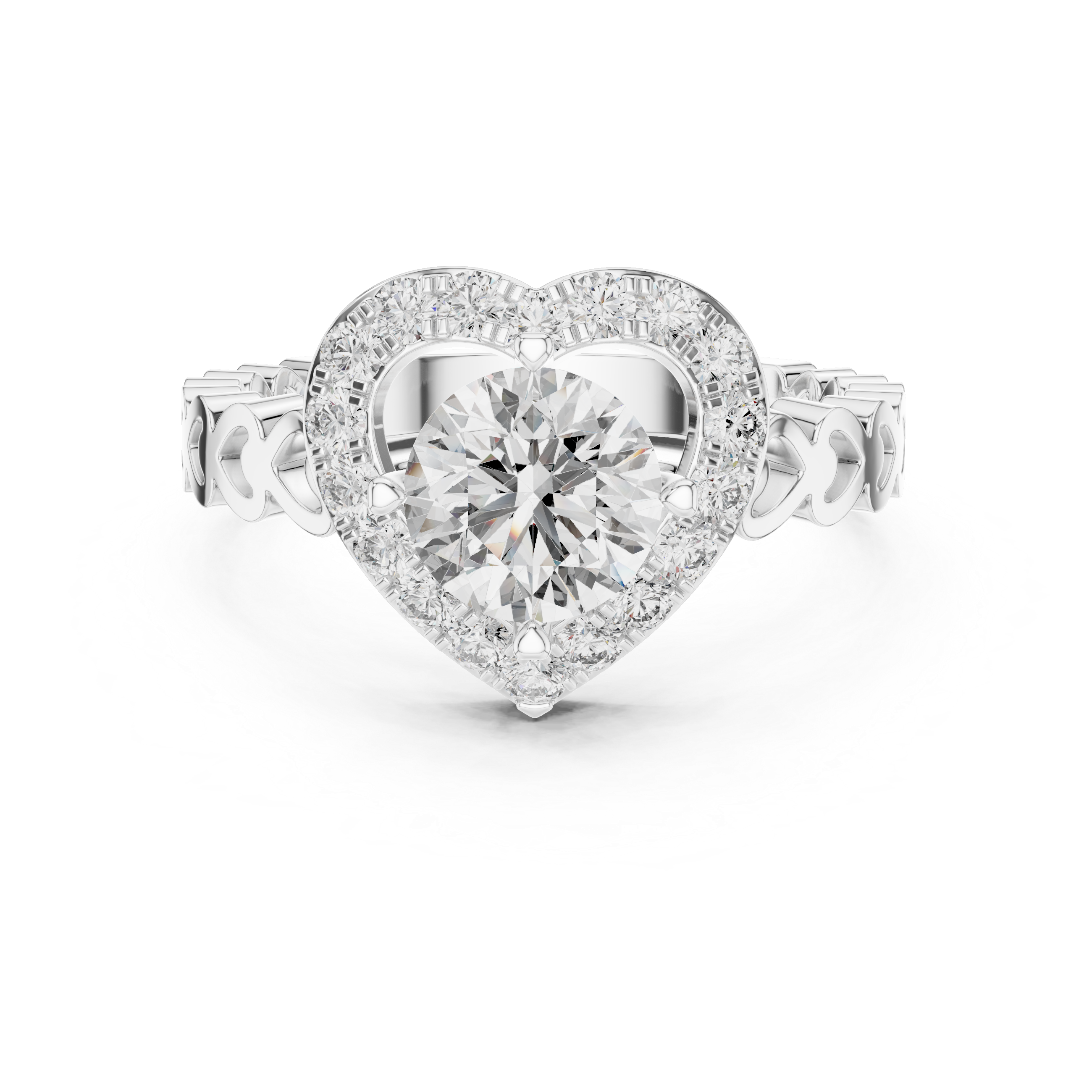 Heart-shaped diamond ring with a white background