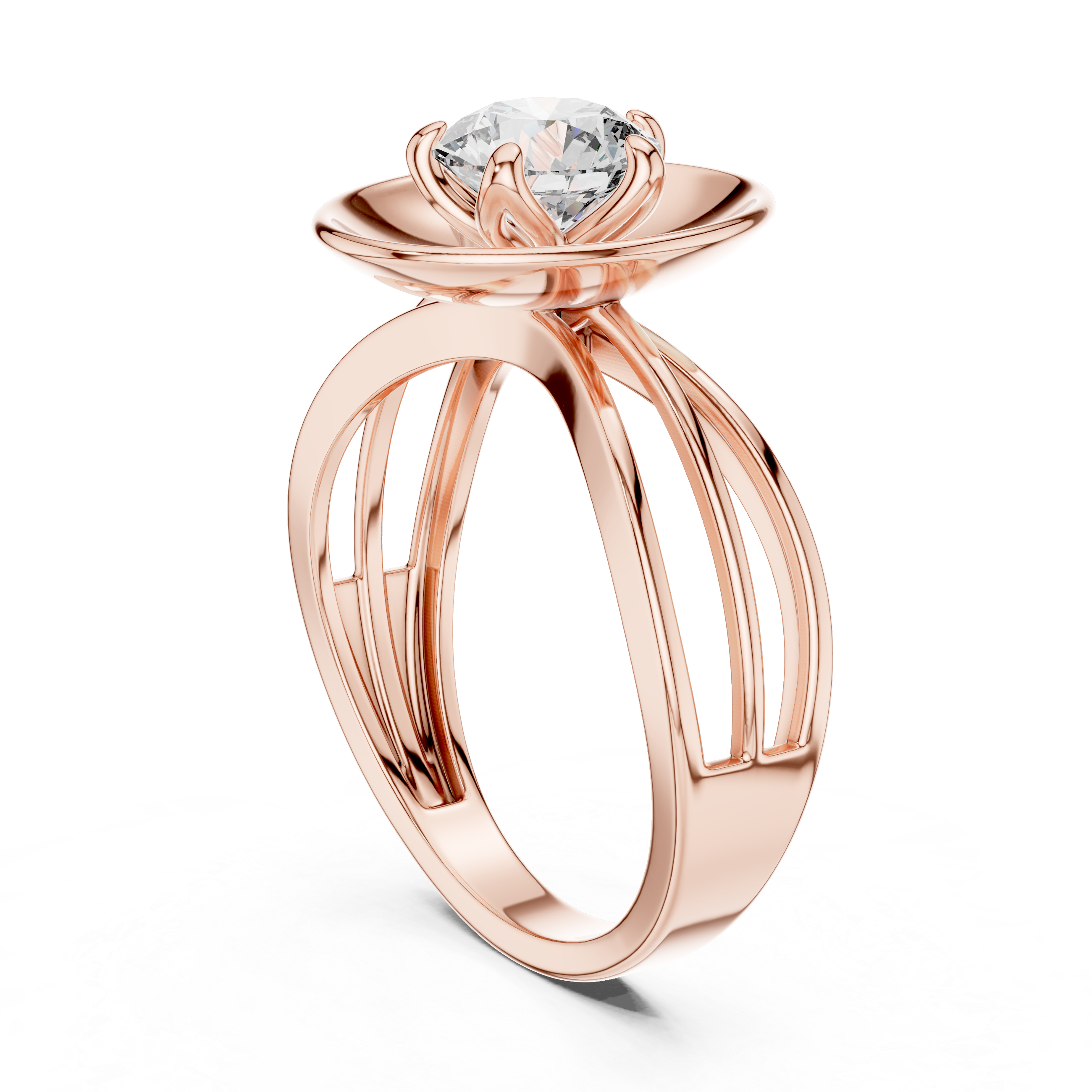 Rose gold ring with a heart-shaped diamond on a white background