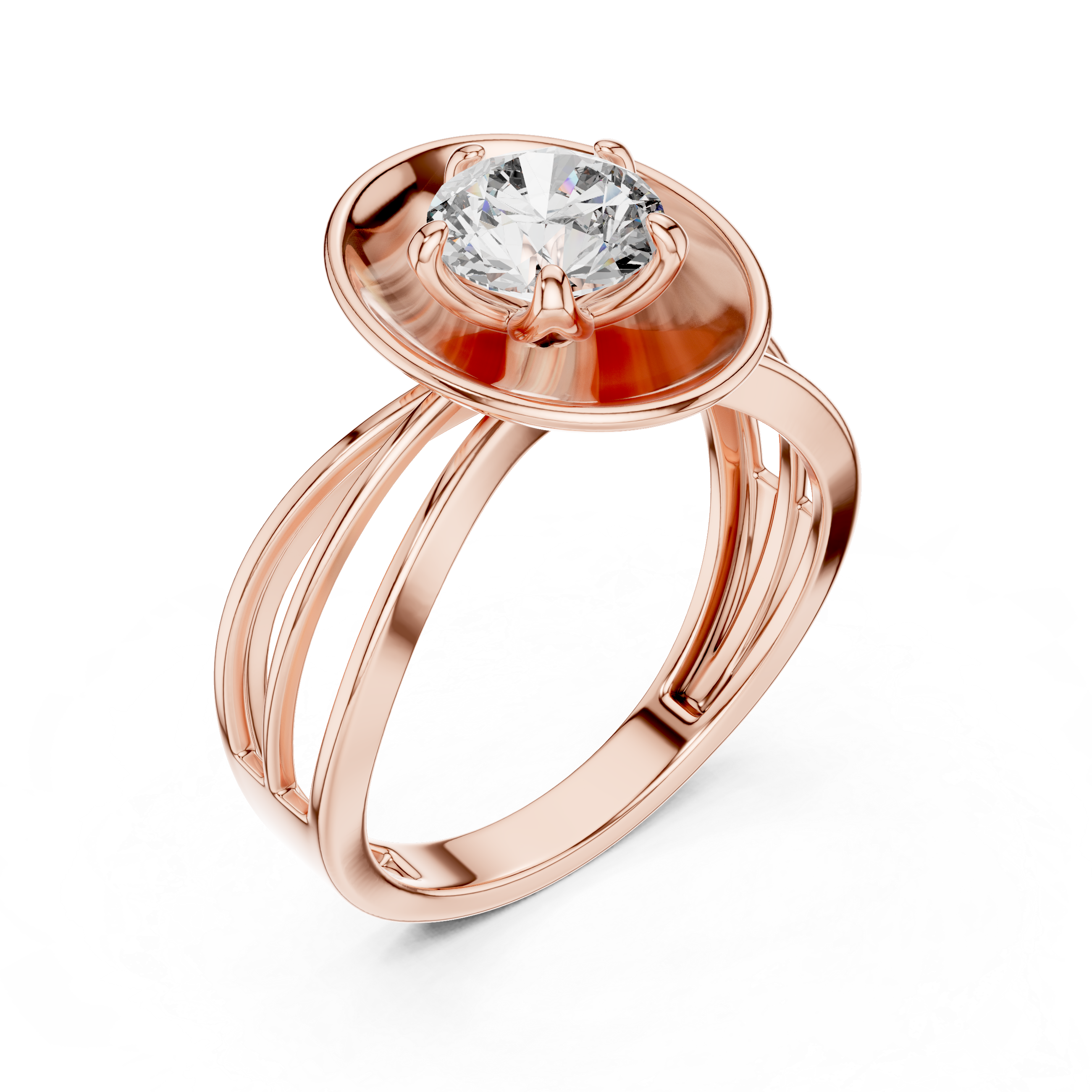 Rose gold ring with a diamond on a white background