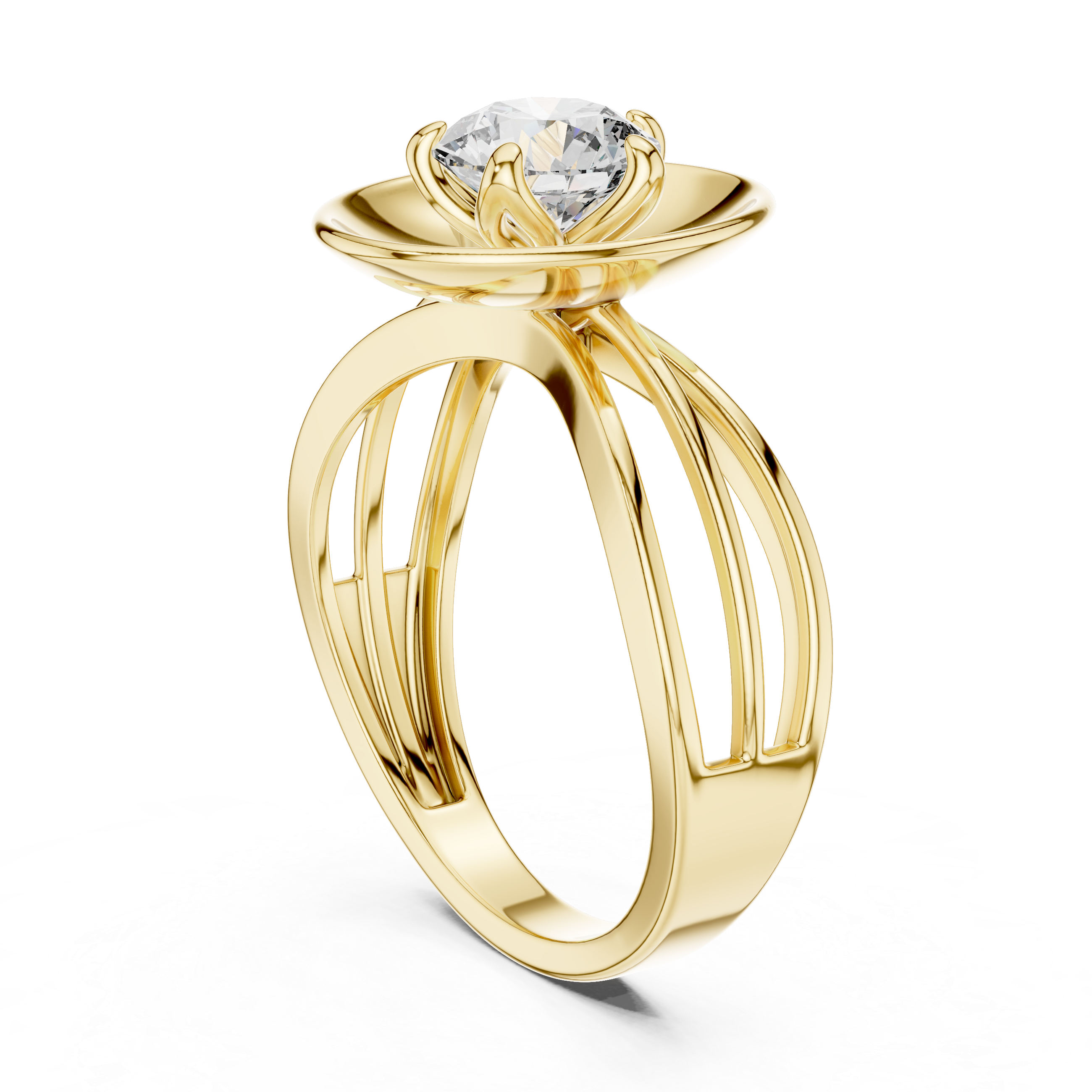 Gold ring with a heart-shaped diamond on a white background