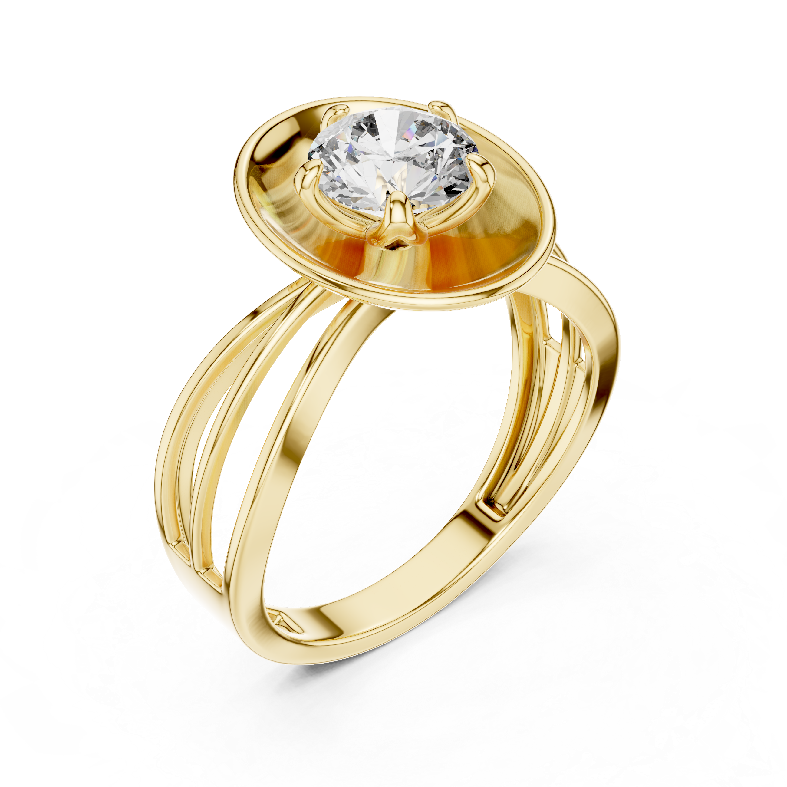 Gold ring with a diamond on a white background