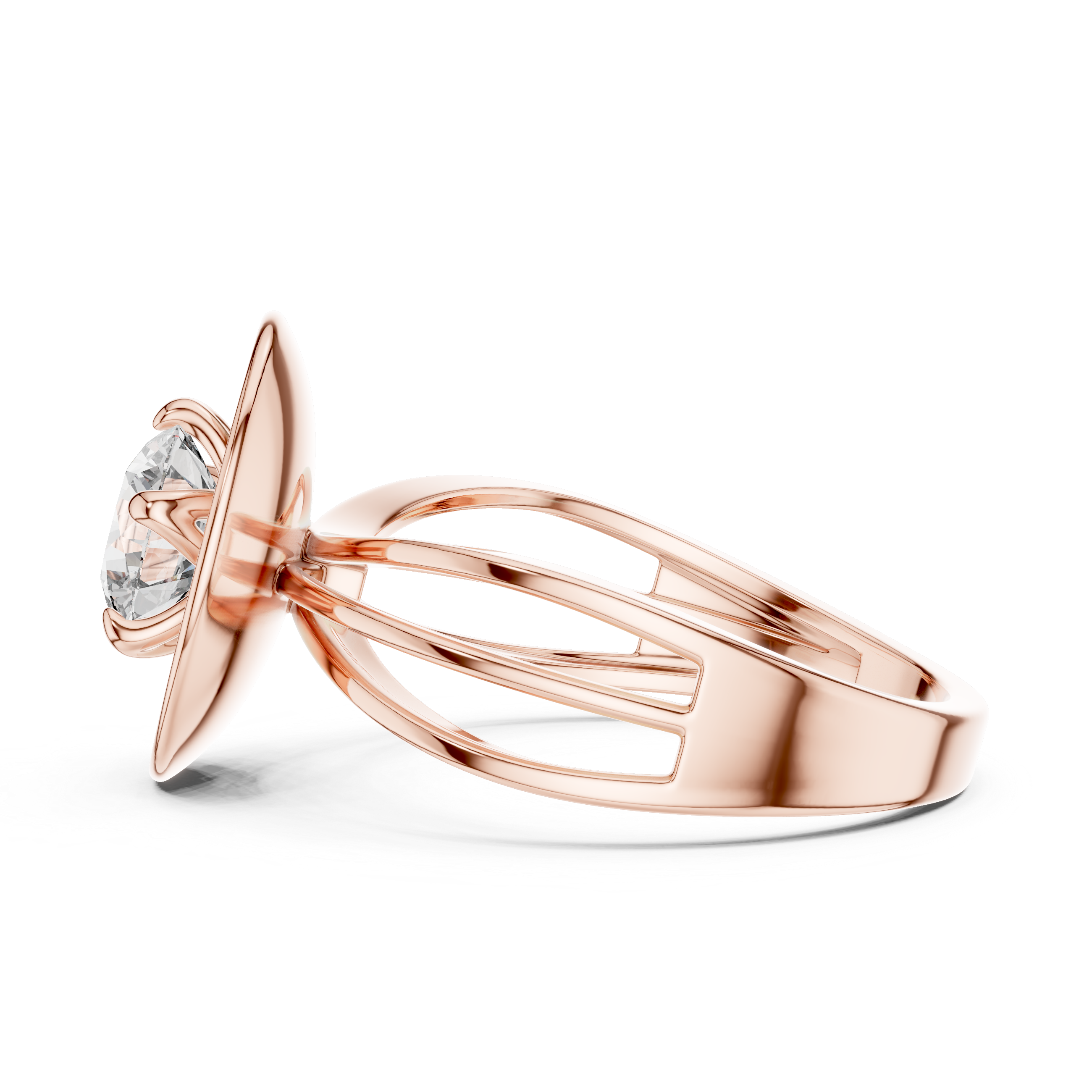 Rose gold ring with a pear-shaped diamond on a white background
