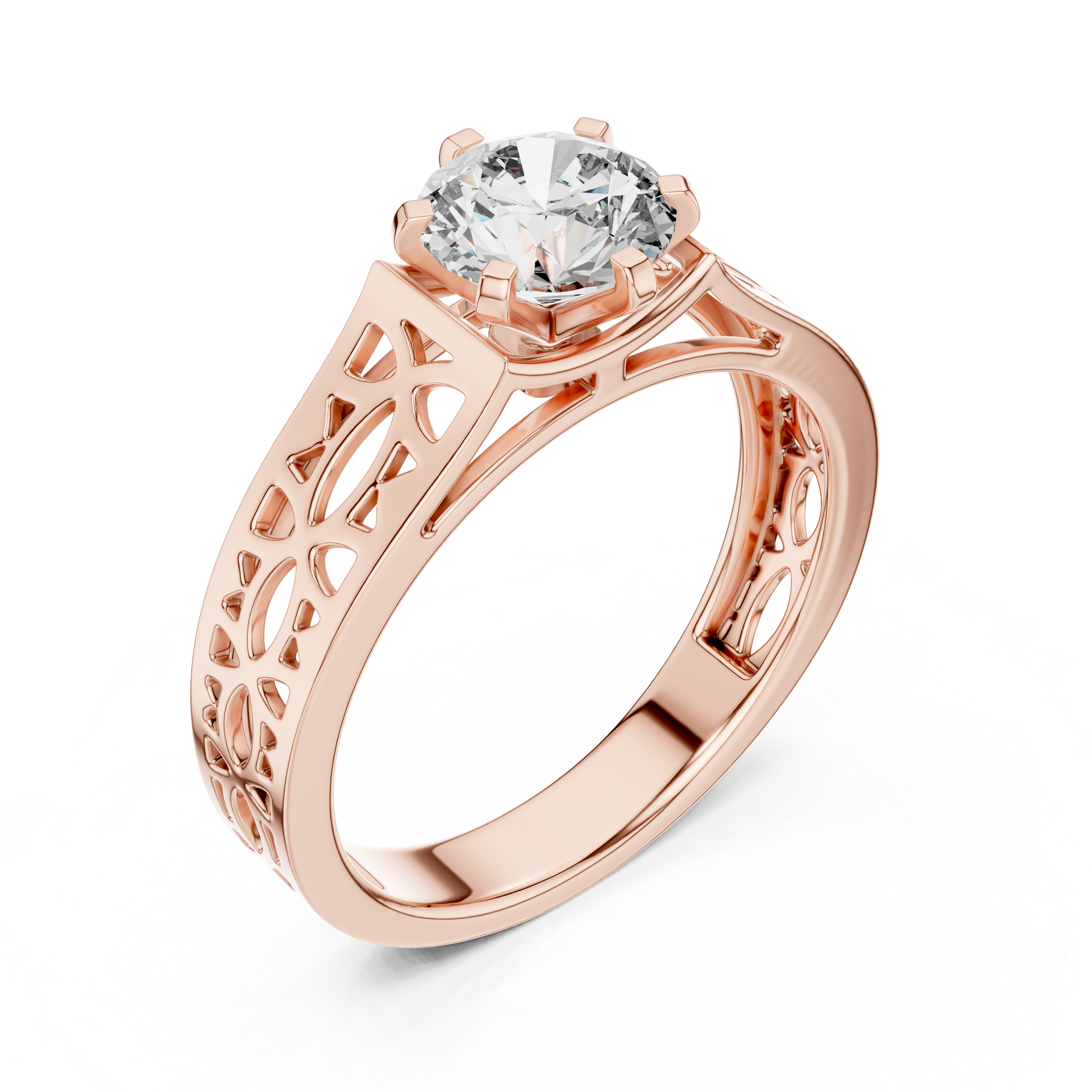 Rose gold ring with a diamond on a white background