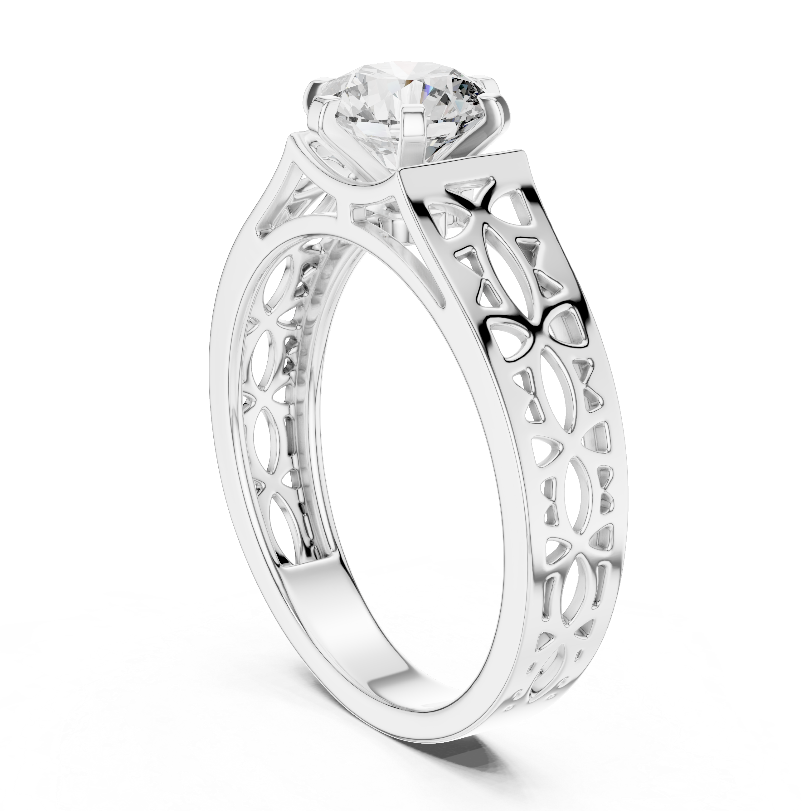 Silver ring with intricate design and a central gemstone on a white background