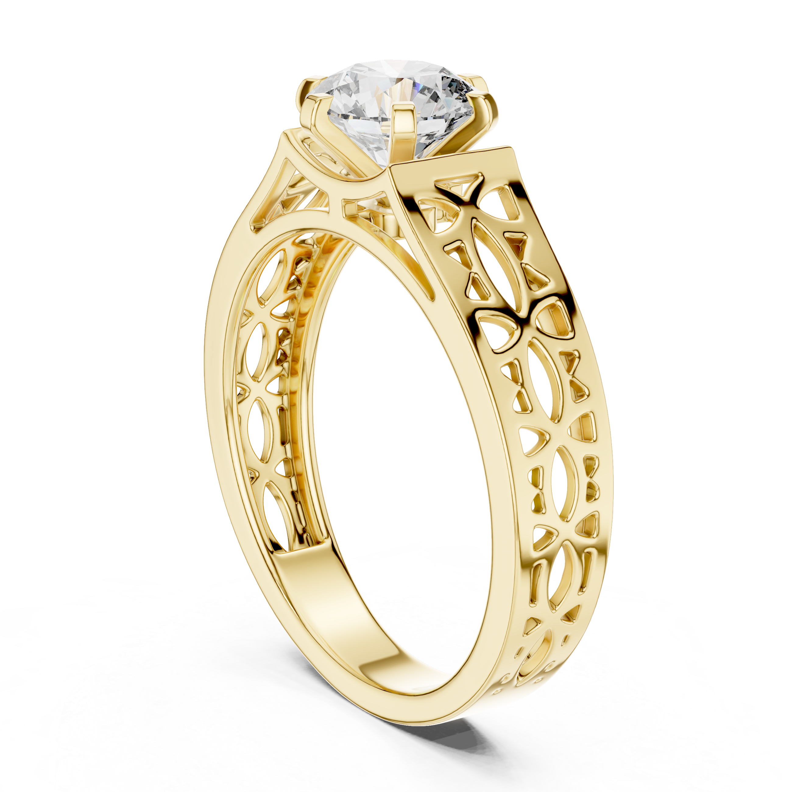 Gold ring with a diamond on a white background