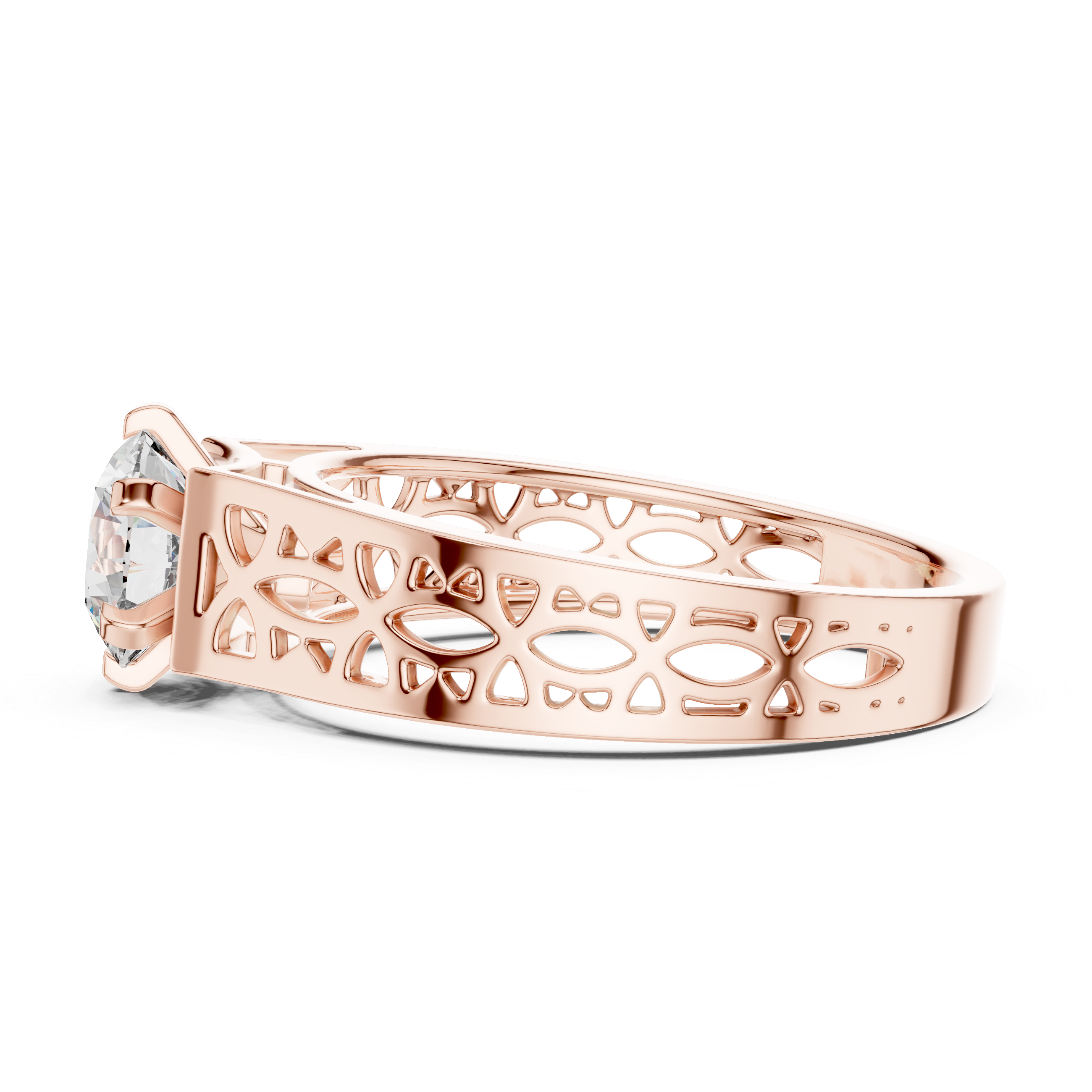 Rose gold ring with diamond on a white background