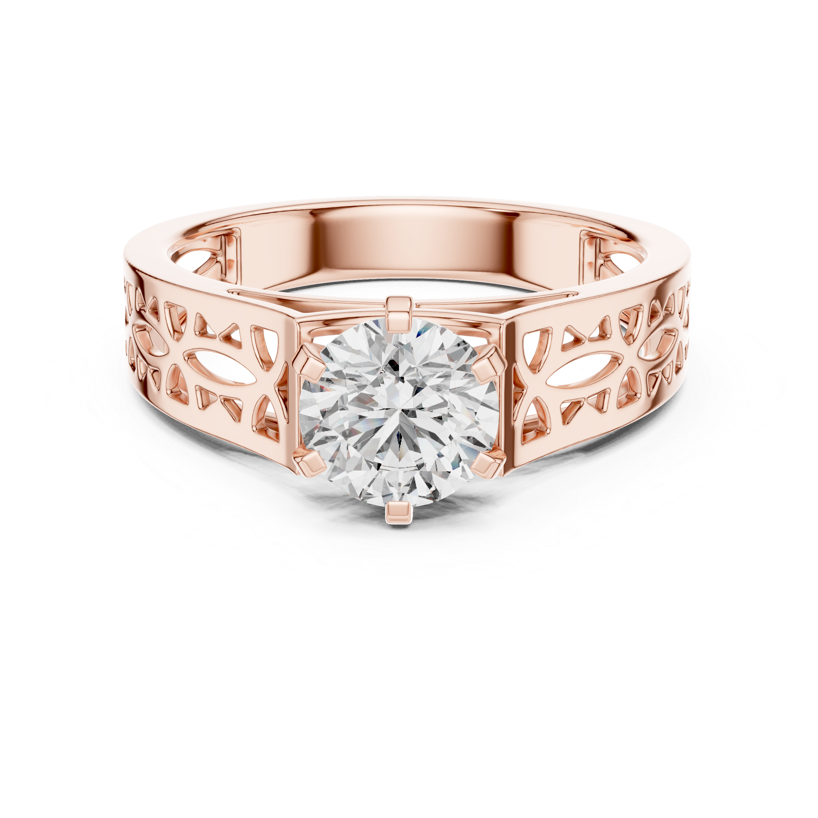 Rose gold ring with a diamond on a white background