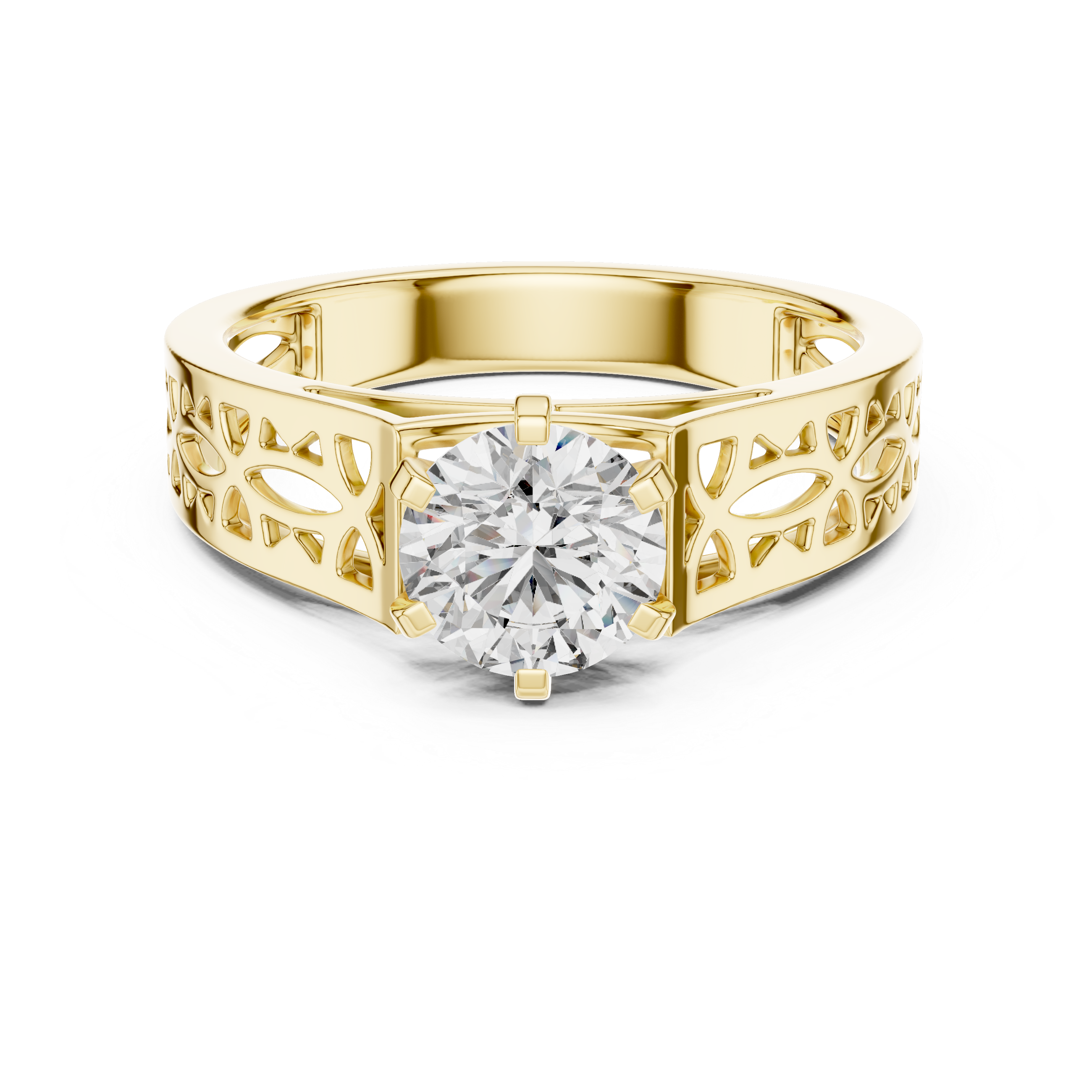 Gold ring with a diamond on a white background