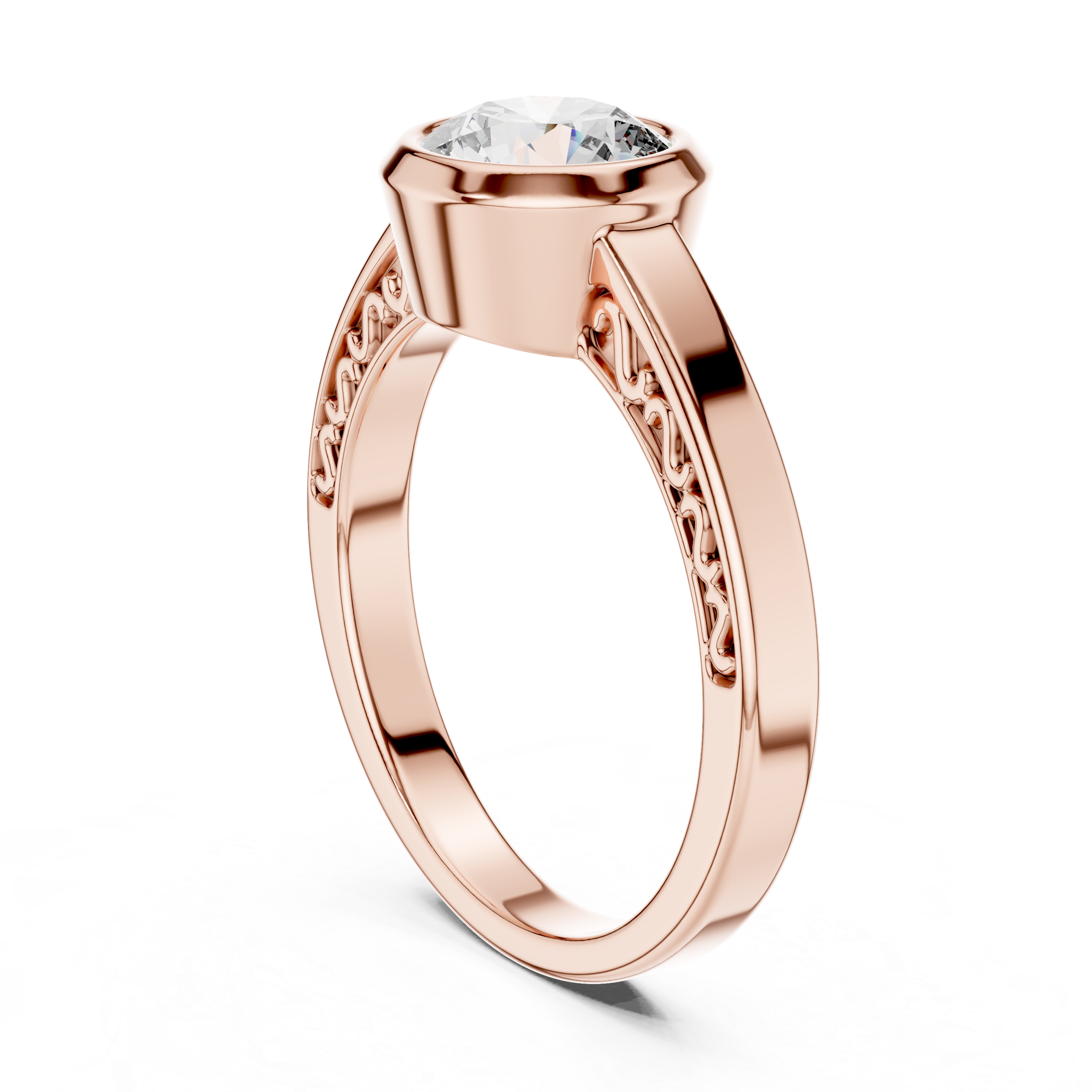 Rose gold ring with a diamond on a white background