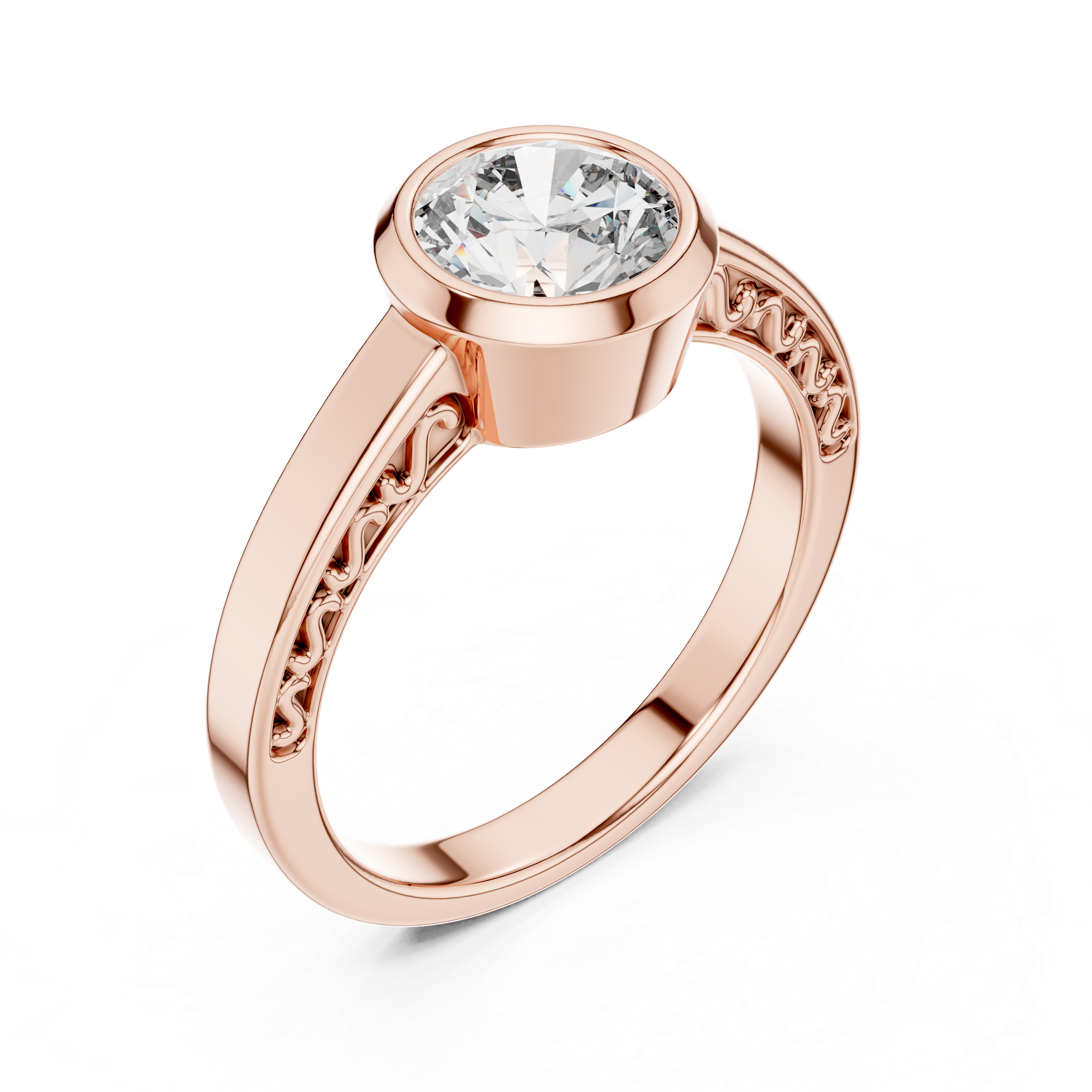 Rose gold ring with a diamond on a white background