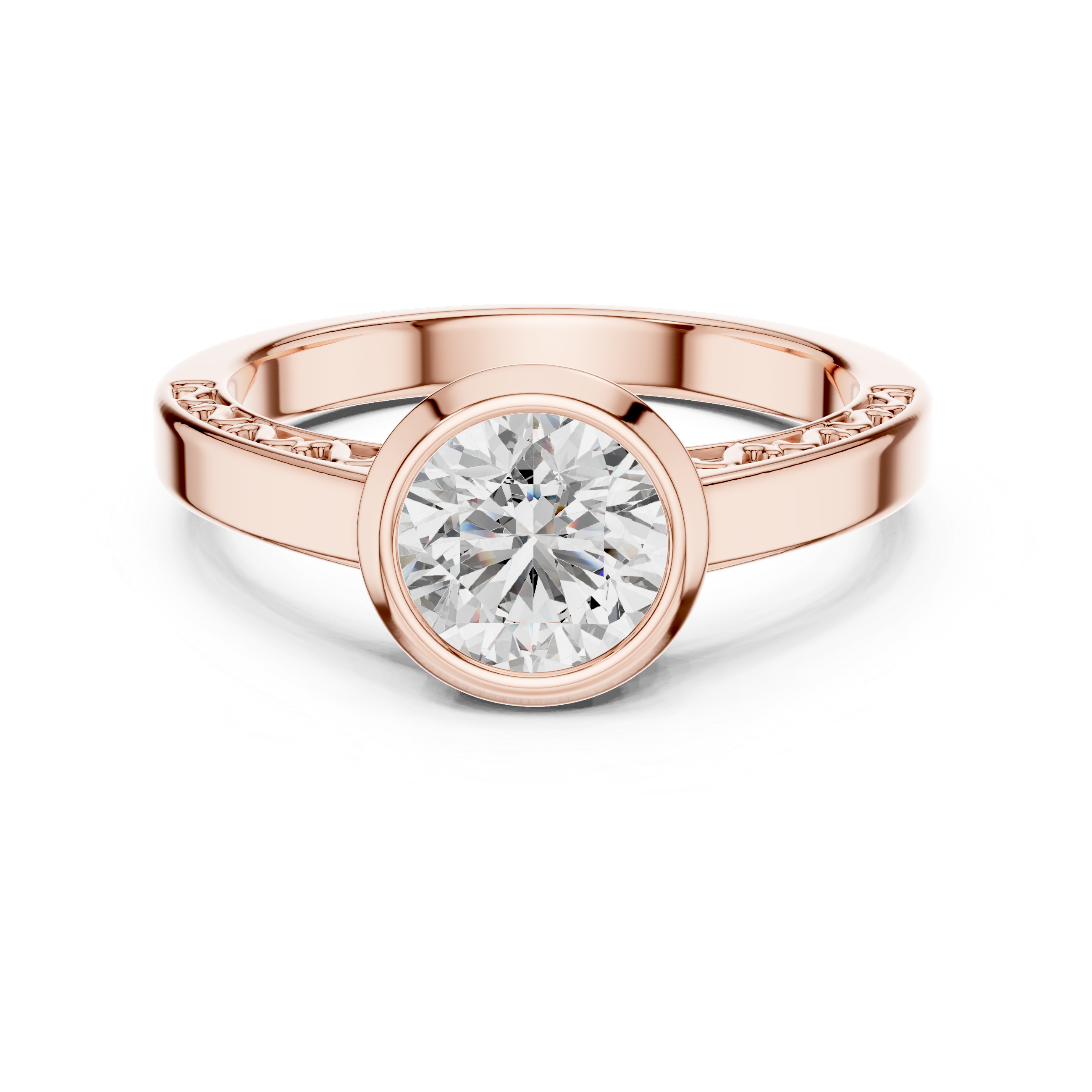 Rose gold ring with a large diamond on a white background