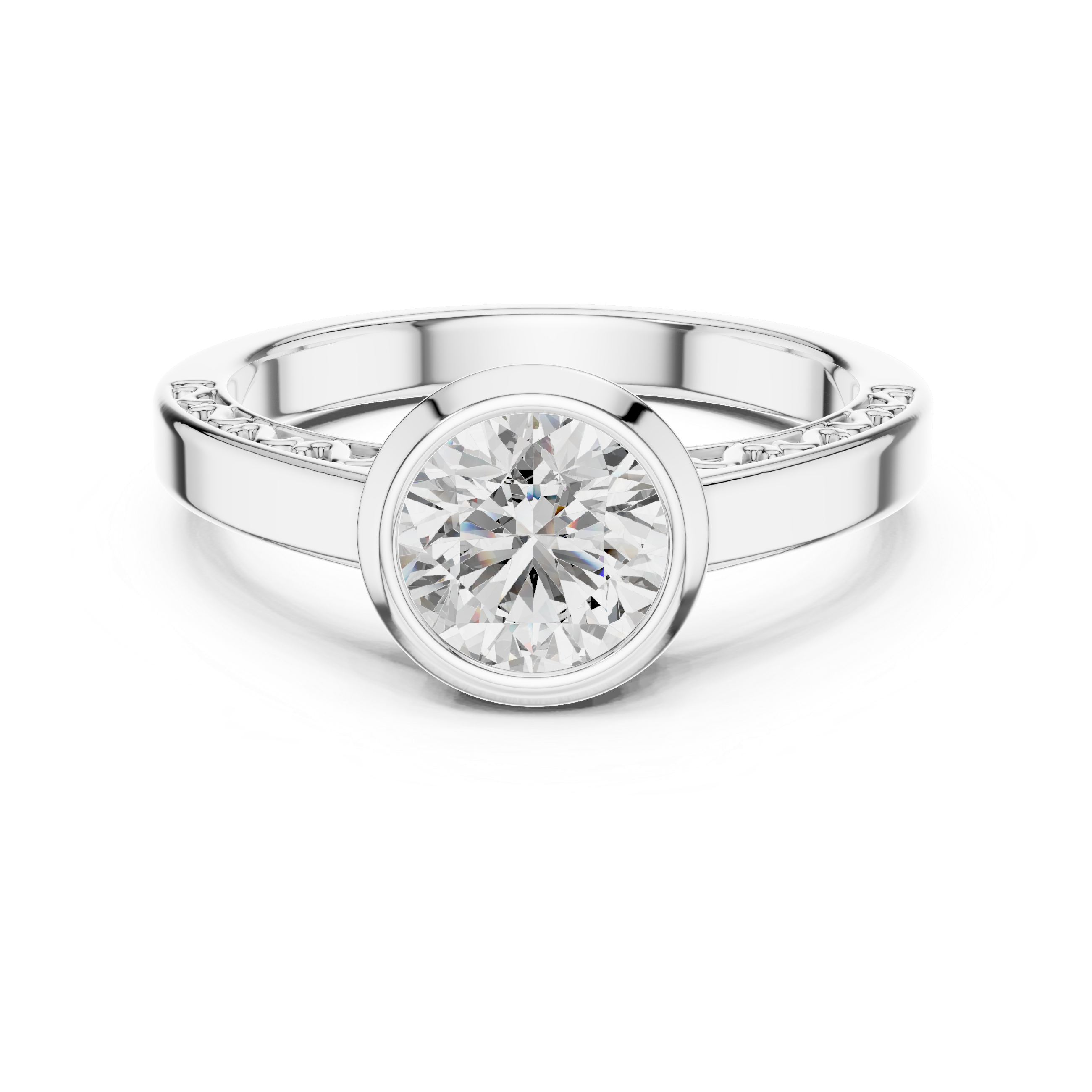 Silver ring with a large diamond and smaller diamonds on the band against a white background