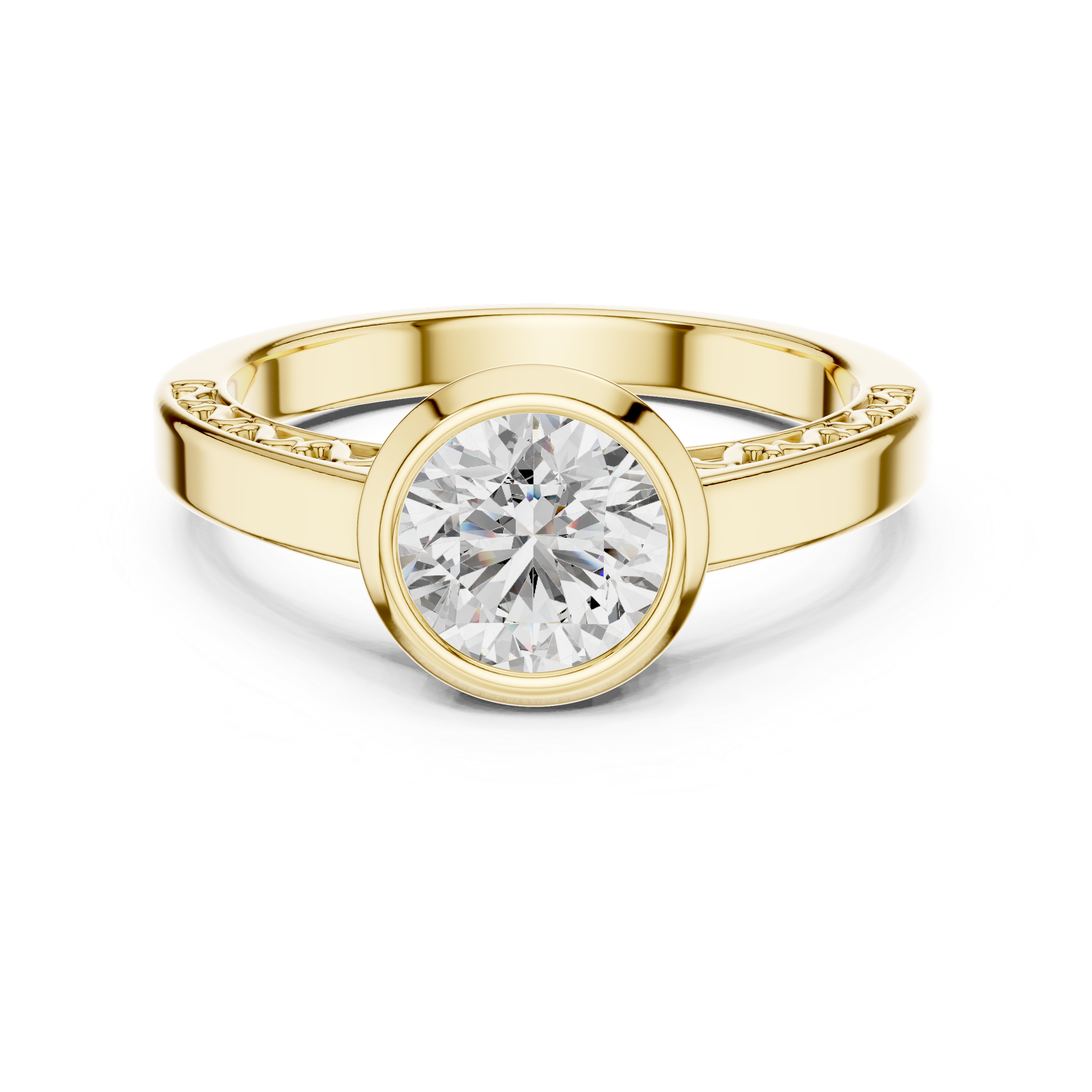 Gold ring with a large diamond on a white background