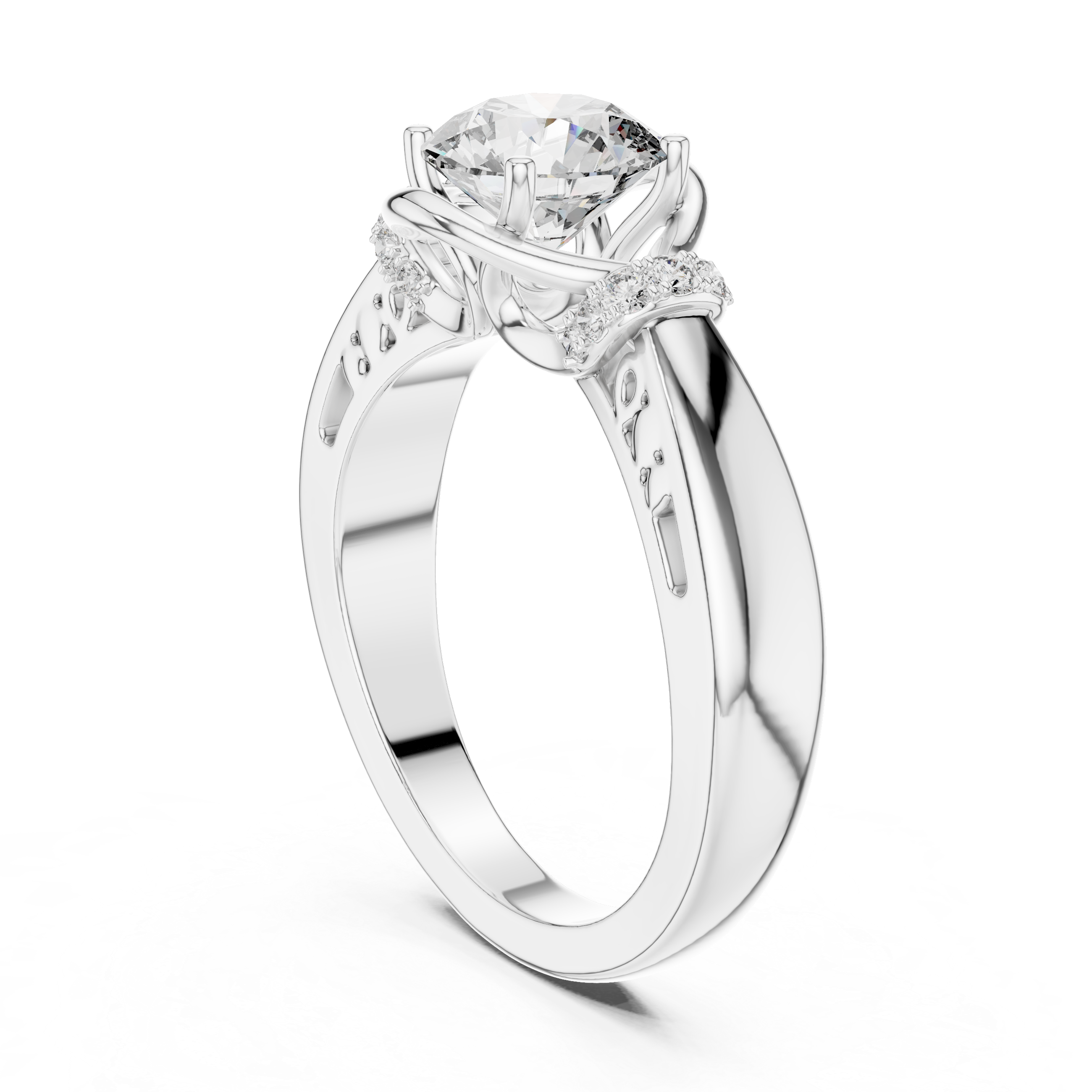 Diamond ring with a white gold band on a white background