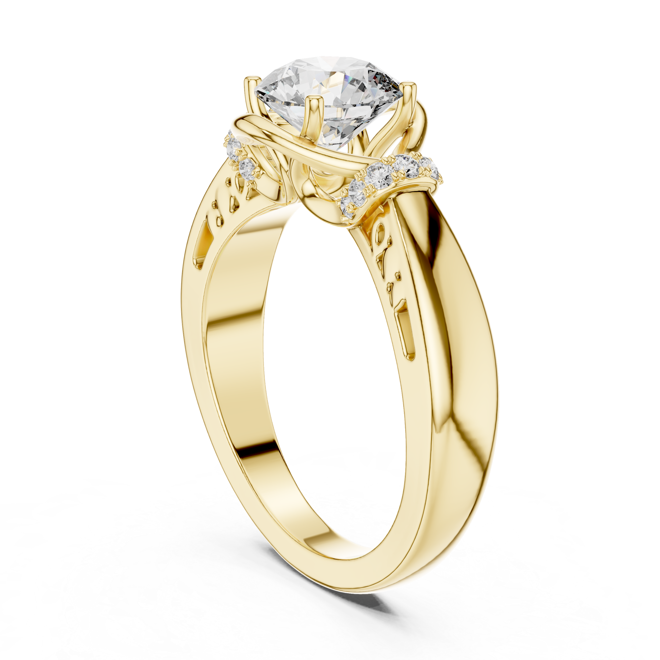 Gold ring with a diamond on a white background