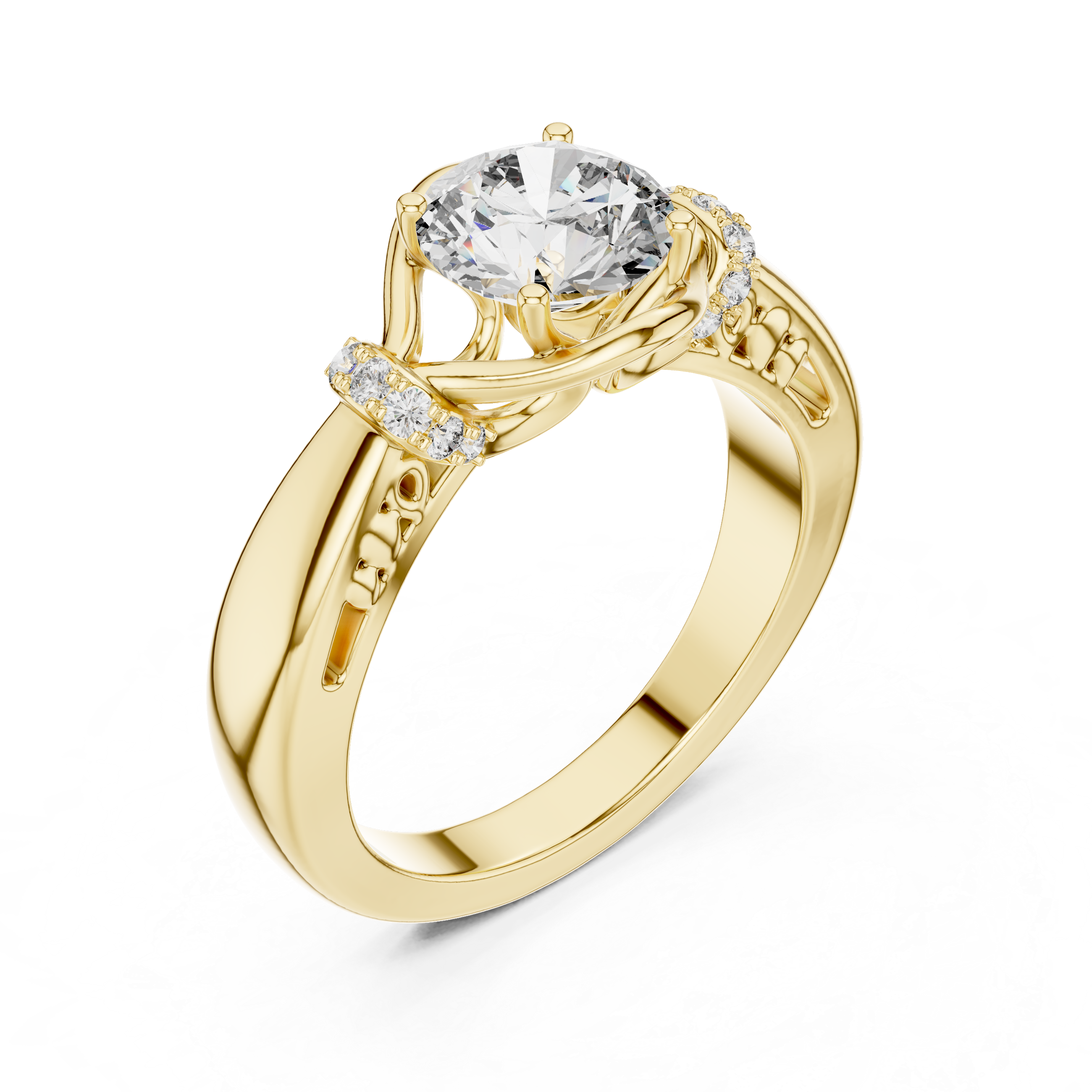 Gold ring with a large diamond and smaller diamonds on a white background