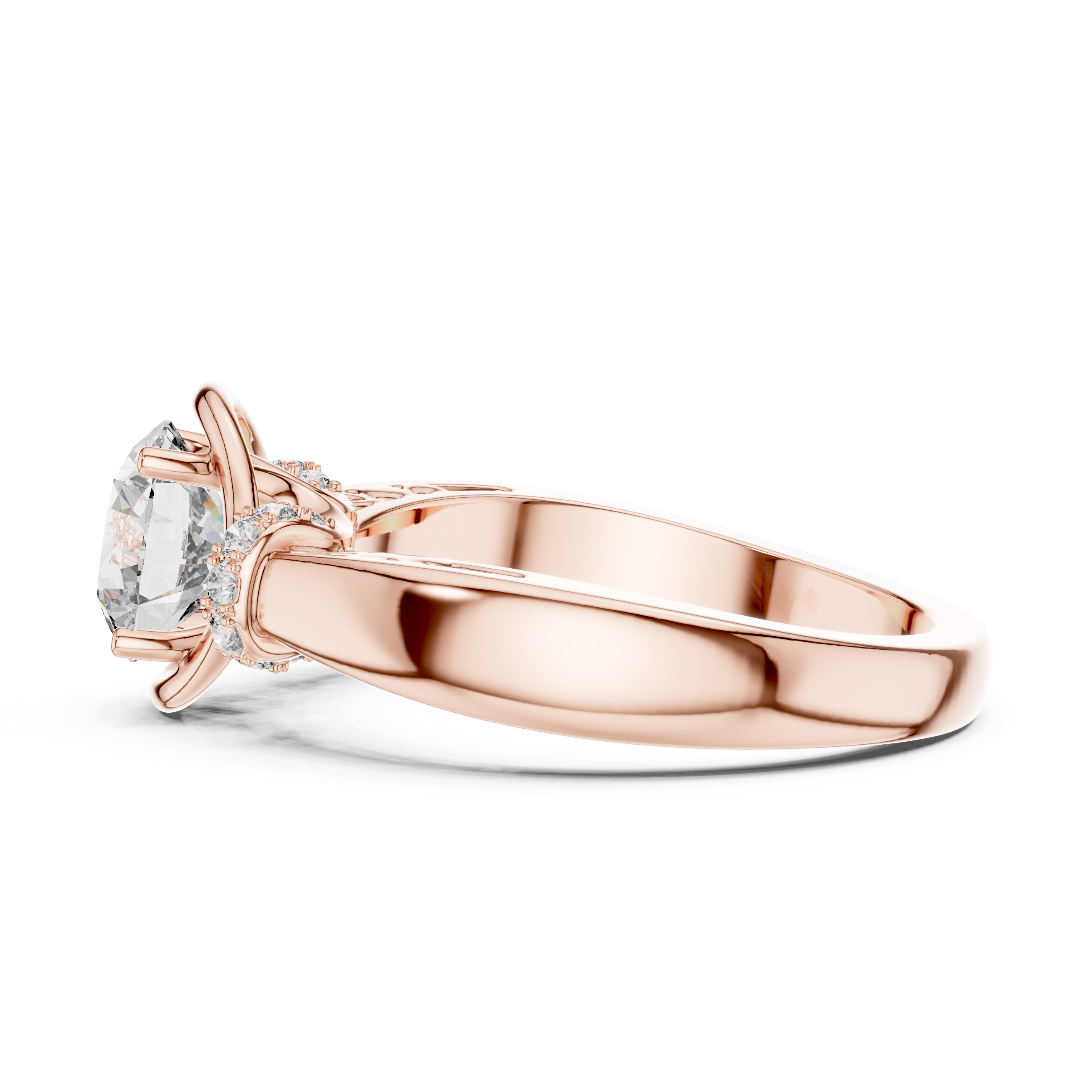 Rose gold ring with a diamond on a white background