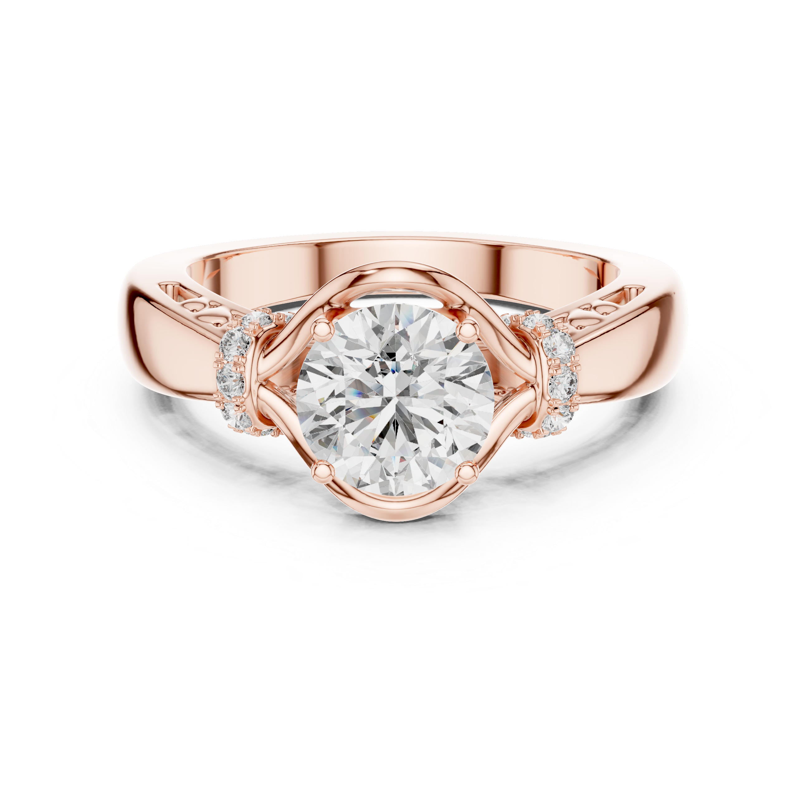 Rose gold ring with a large diamond on a white background