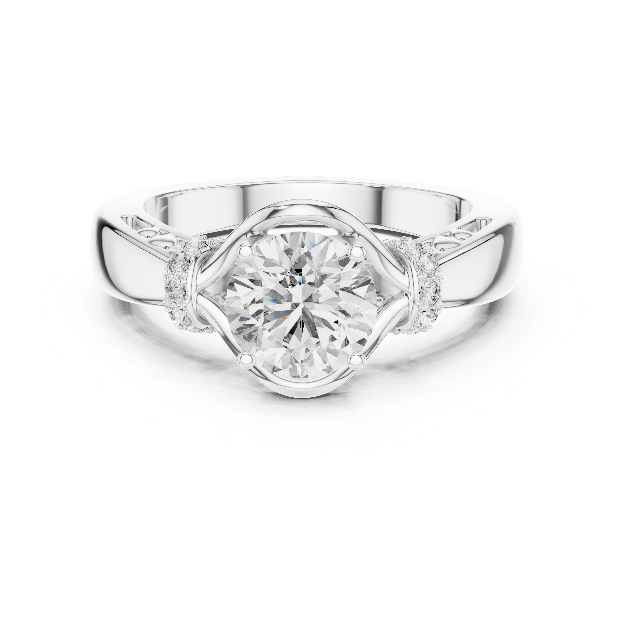 Silver ring with a large diamond on a white background