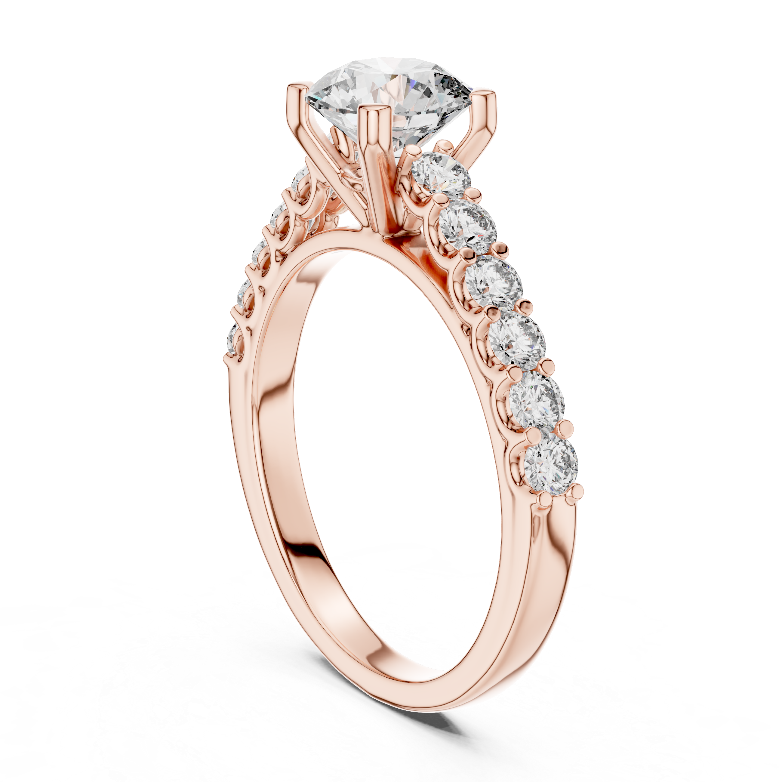 Rose gold ring with diamonds on a white background