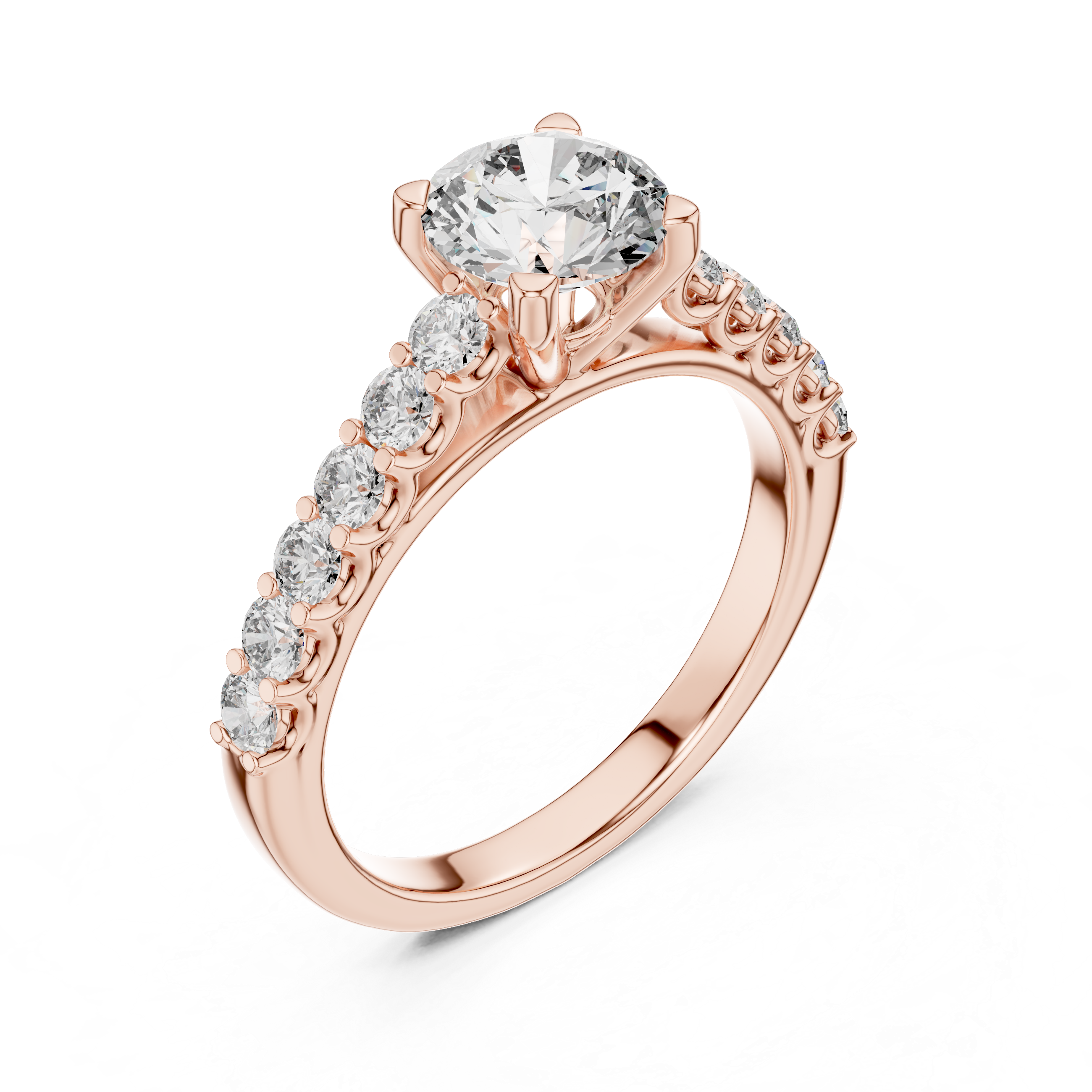 Rose gold ring with a diamond on a white background