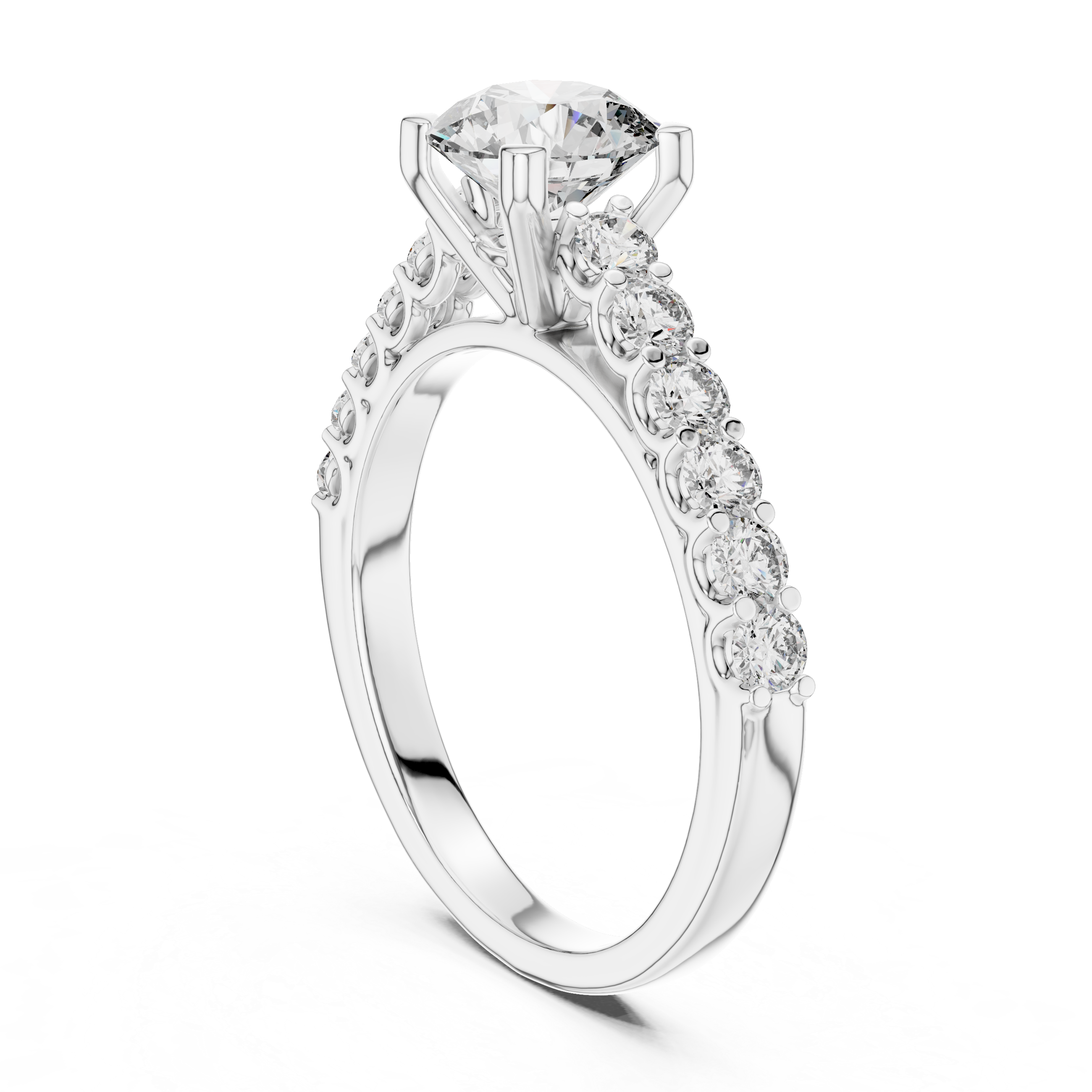 Diamond ring with a white gold band on a white background