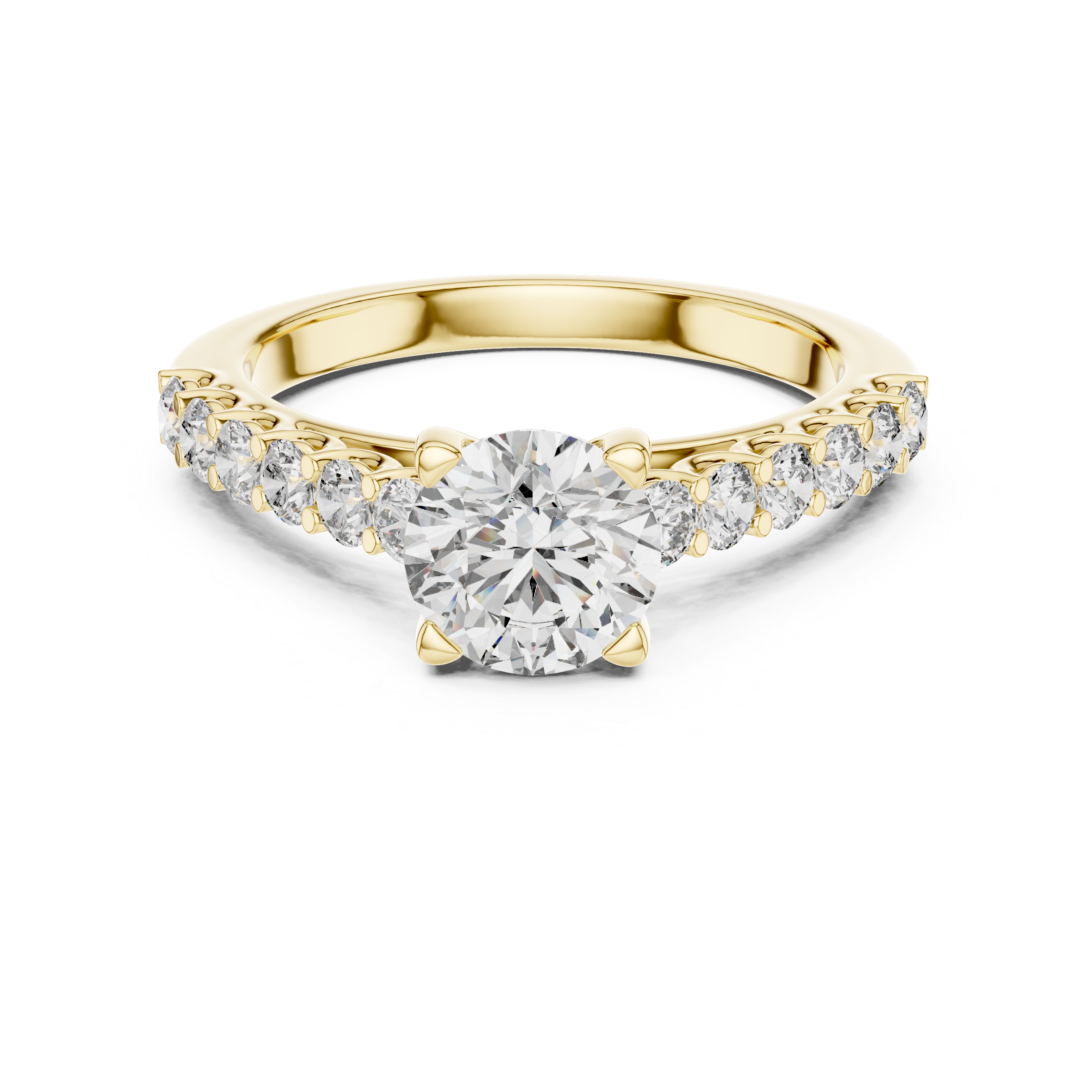 Gold ring with a large diamond and smaller diamonds on the band against a white background