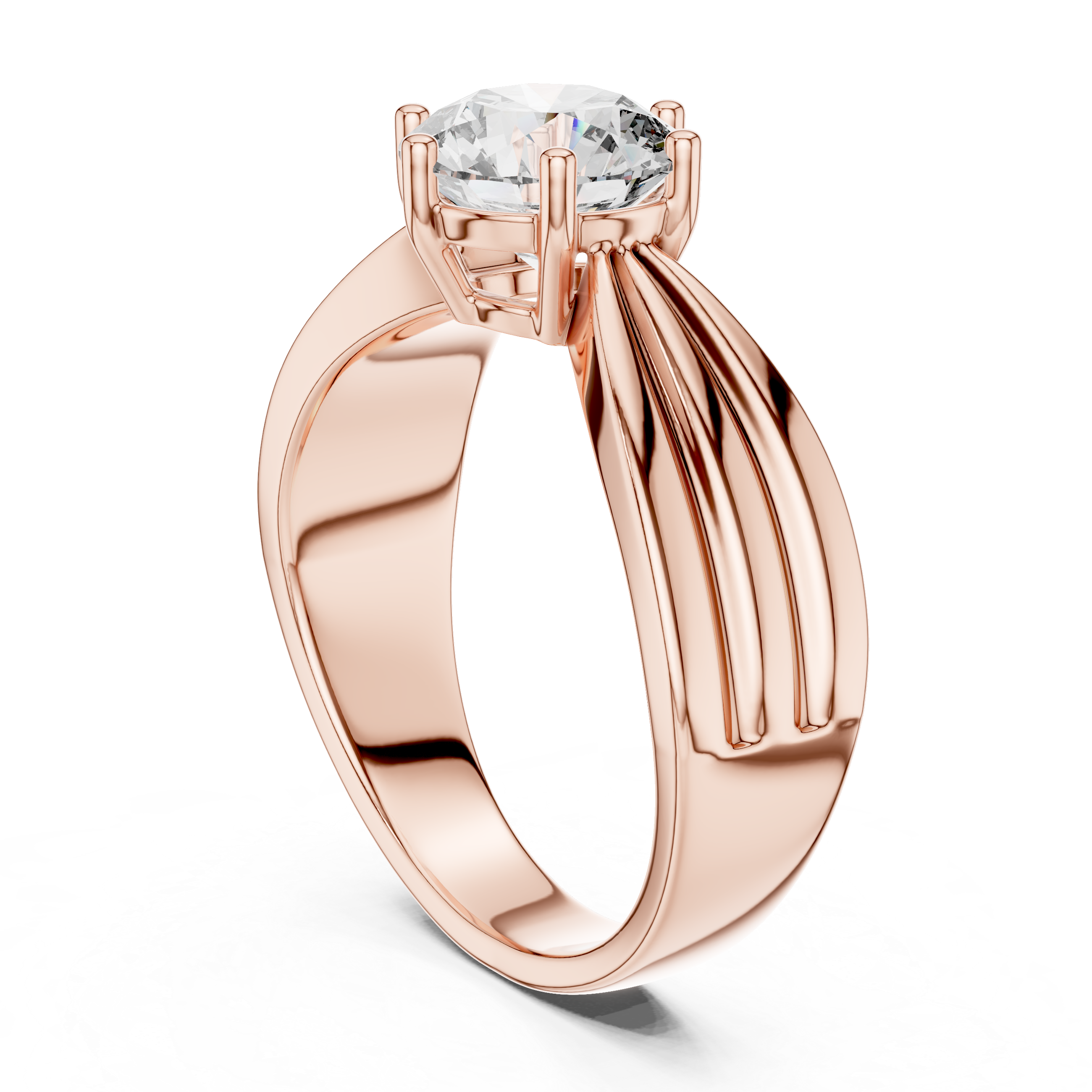 Rose gold ring with a diamond on a white background