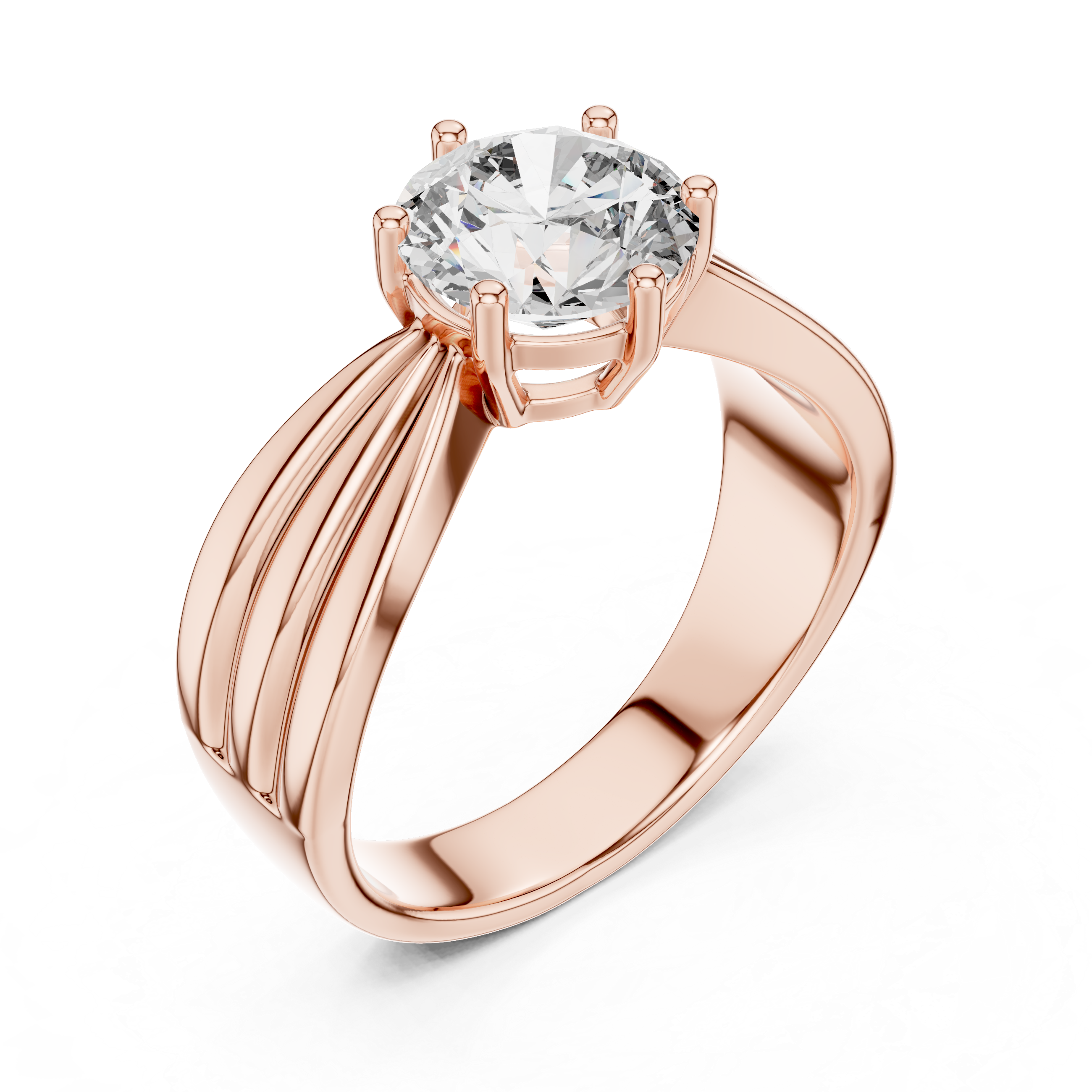 Rose gold ring with a large diamond on a white background