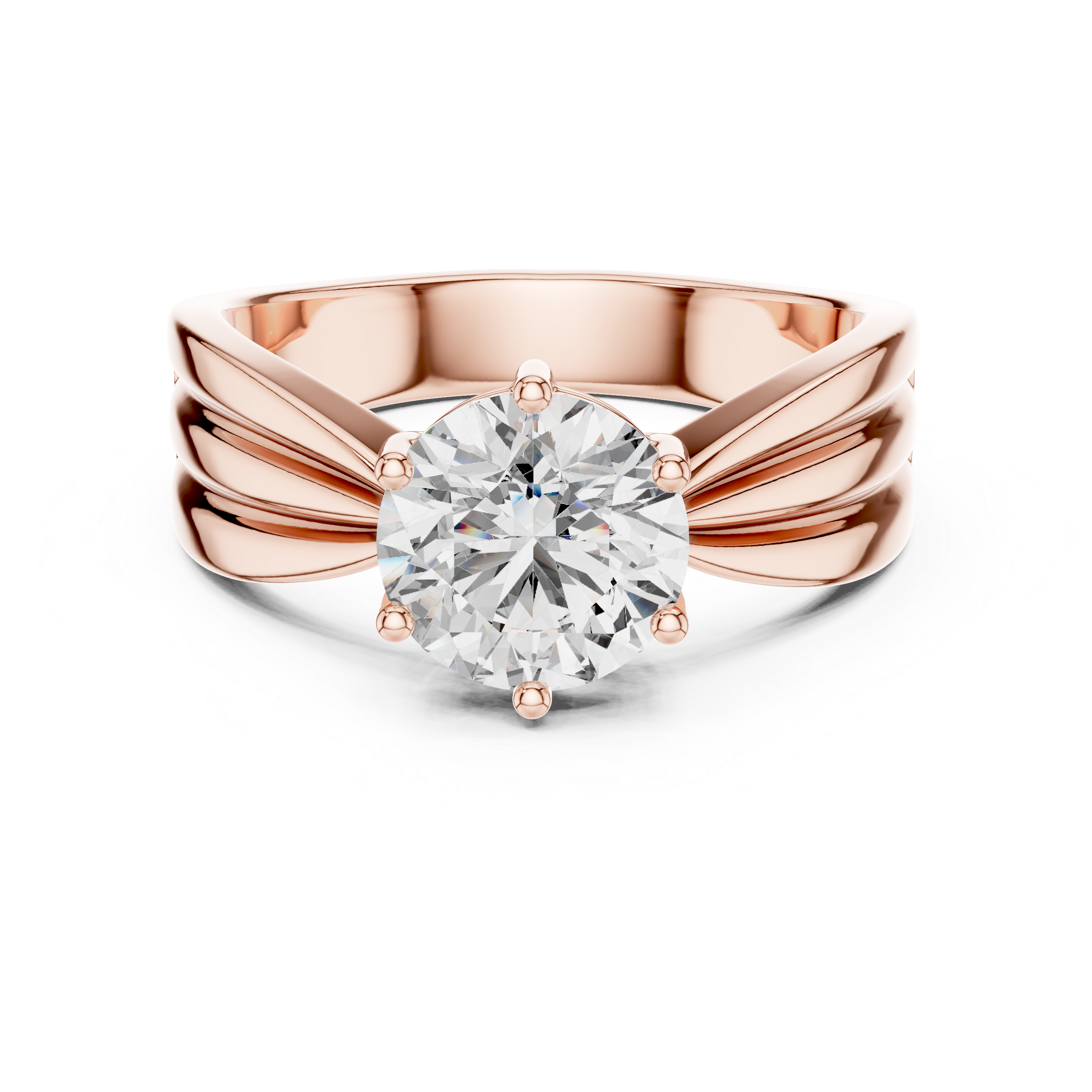 Rose gold ring with a large diamond on a white background