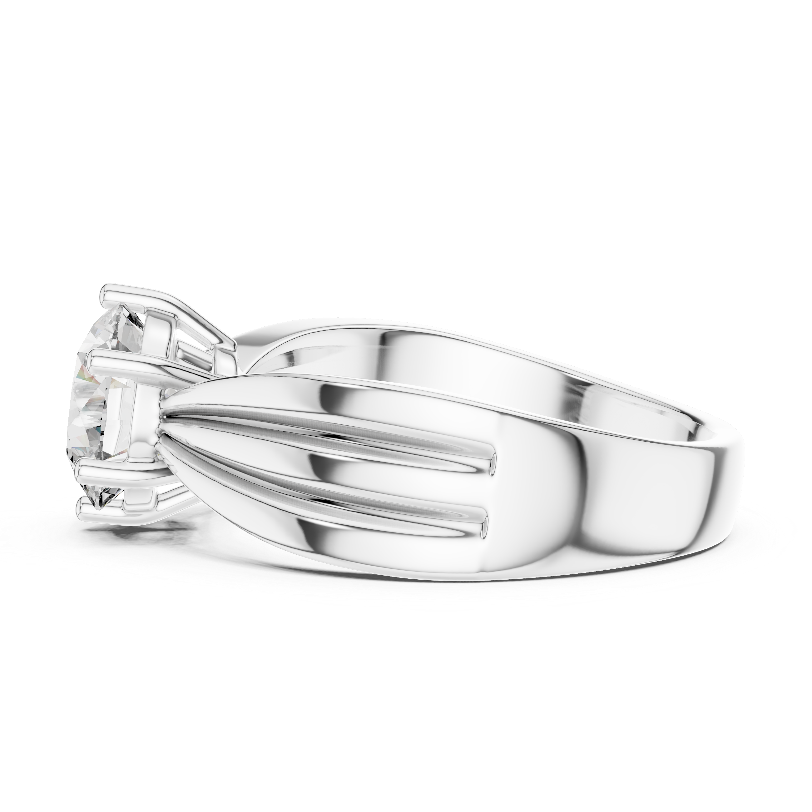 Silver ring with a large diamond on a white background